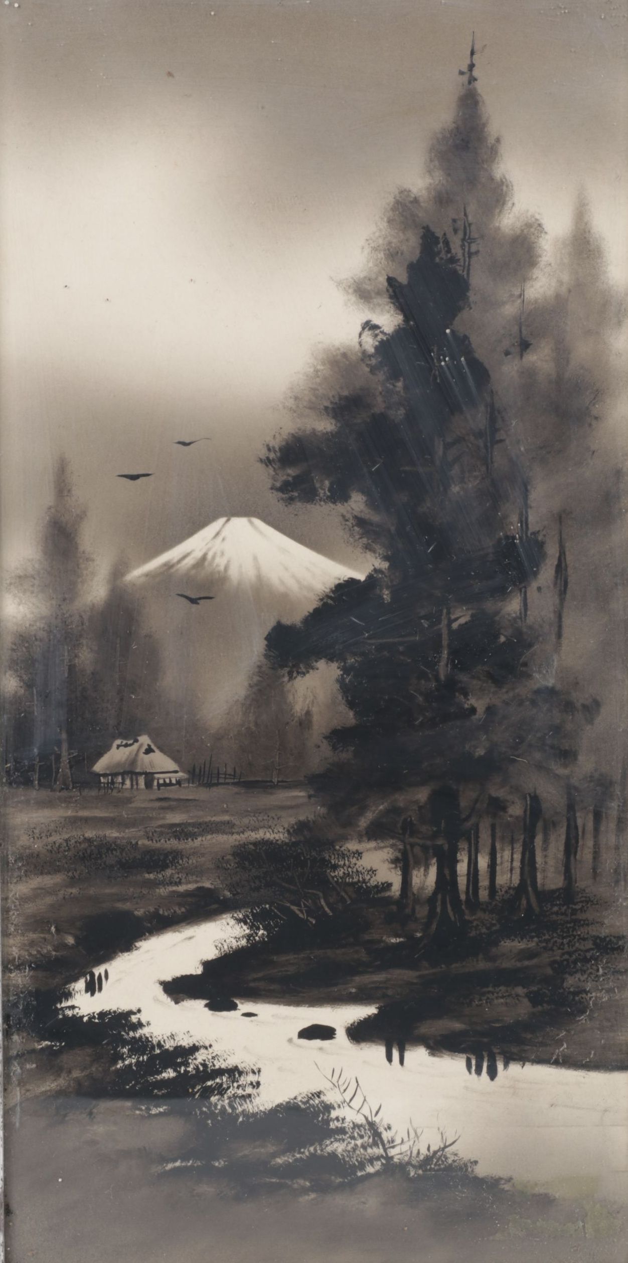 Chinese Grayscale Landscape Watercolor and Ink Painting, Mid-20th Century