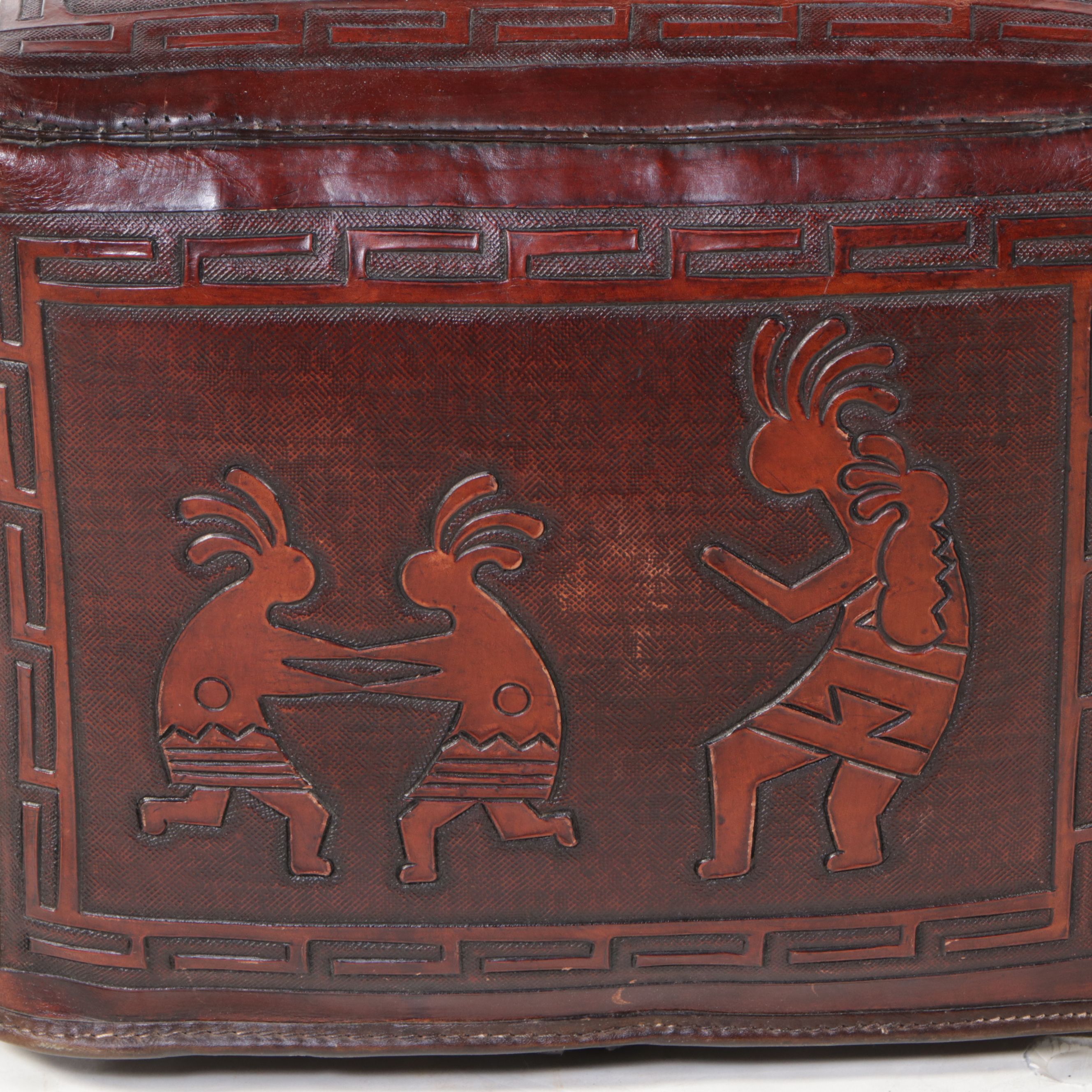 Southwestern Style Carved and Chiseled Leather Kokopelli Scenes Pouf
