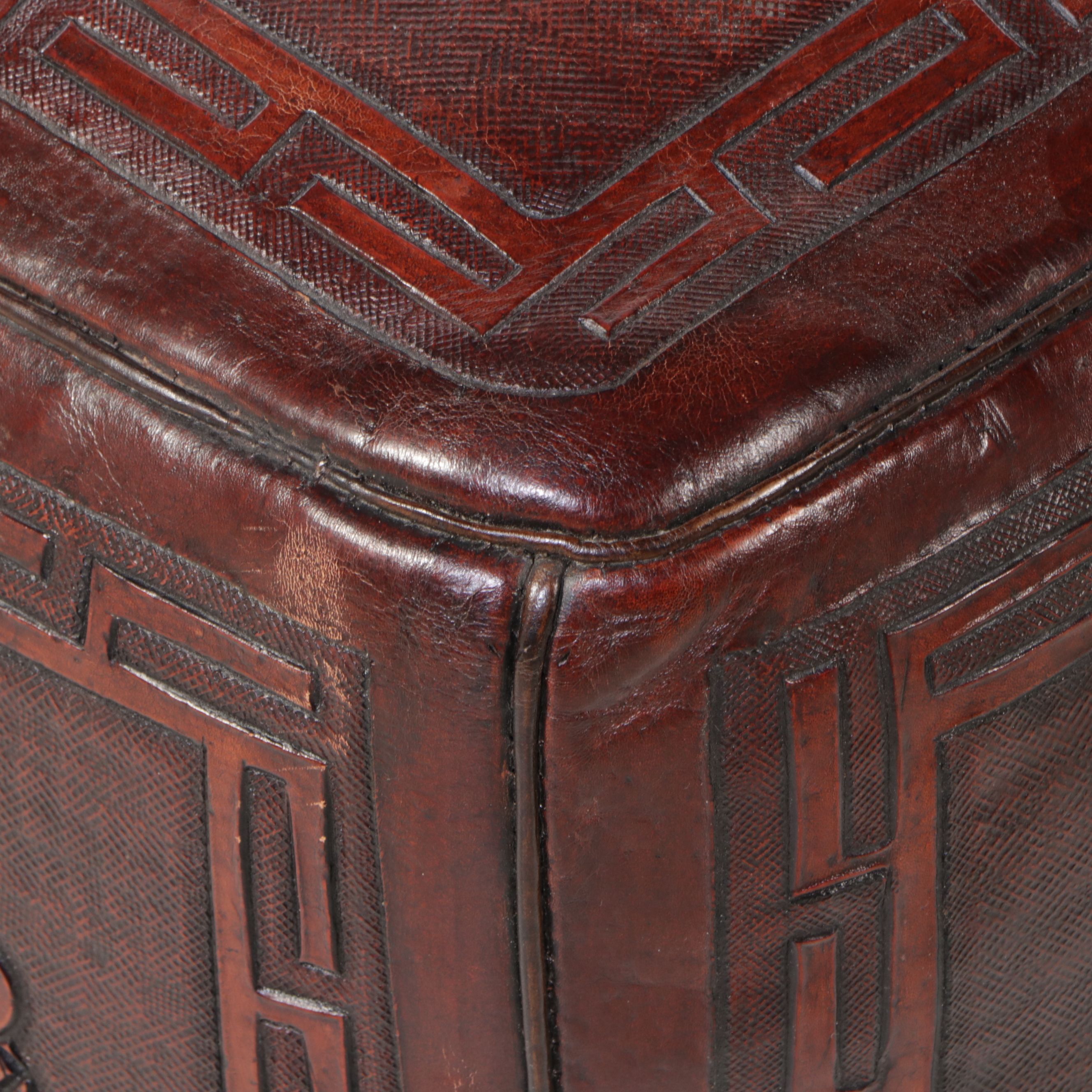 Southwestern Style Carved and Chiseled Leather Kokopelli Scenes Pouf