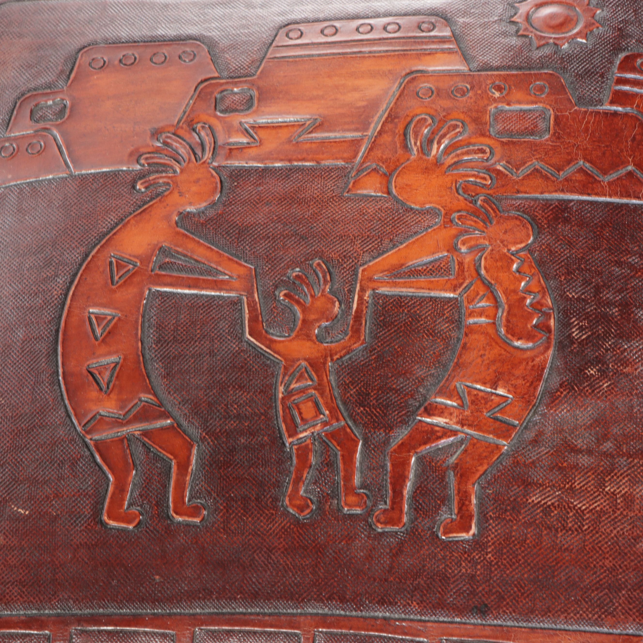 Southwestern Style Carved and Chiseled Leather Kokopelli Scenes Pouf