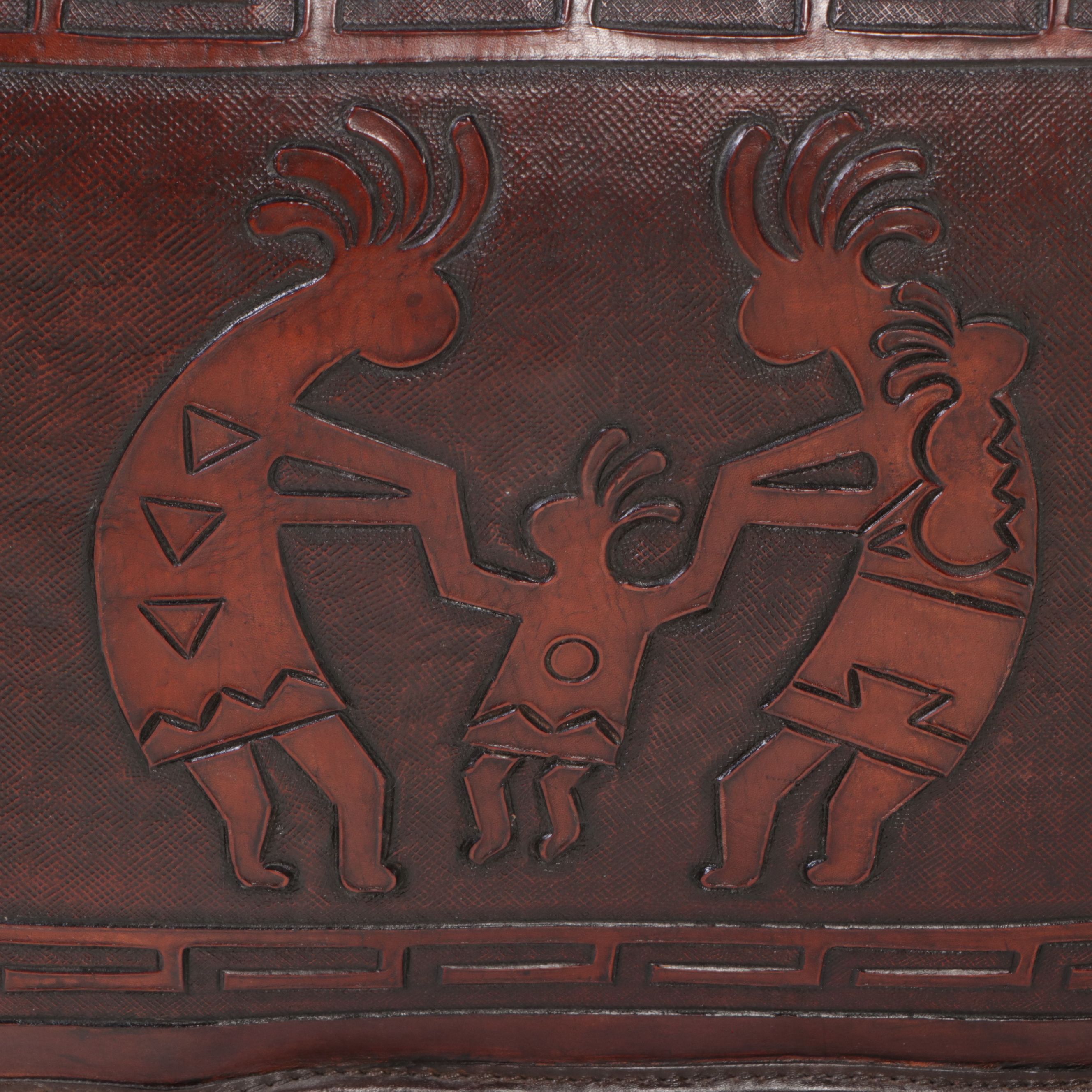 Southwestern Style Carved and Chiseled Leather Kokopelli Scenes Pouf