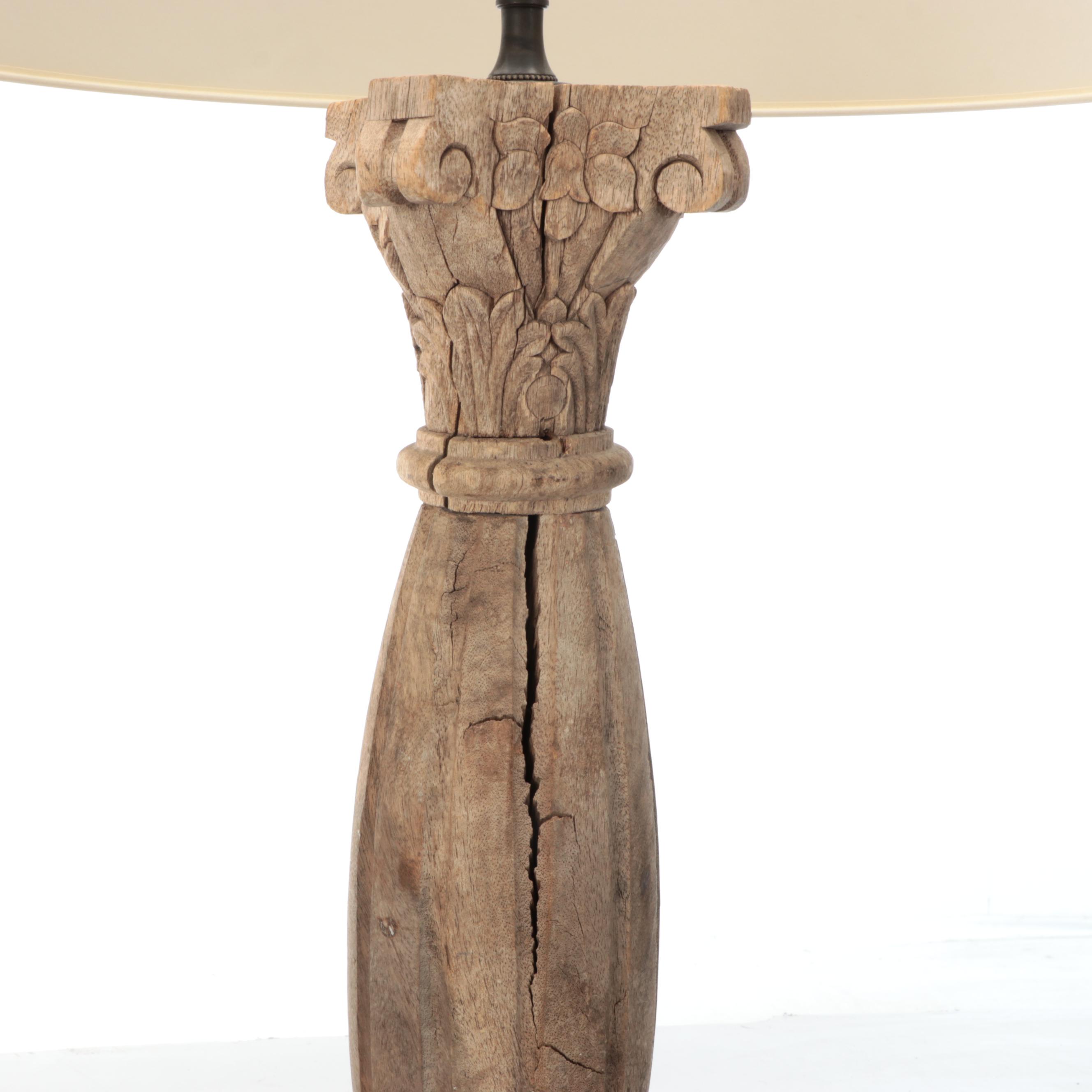 Architectural Salvage Wood Pillar Table Lamp with Drum Shade