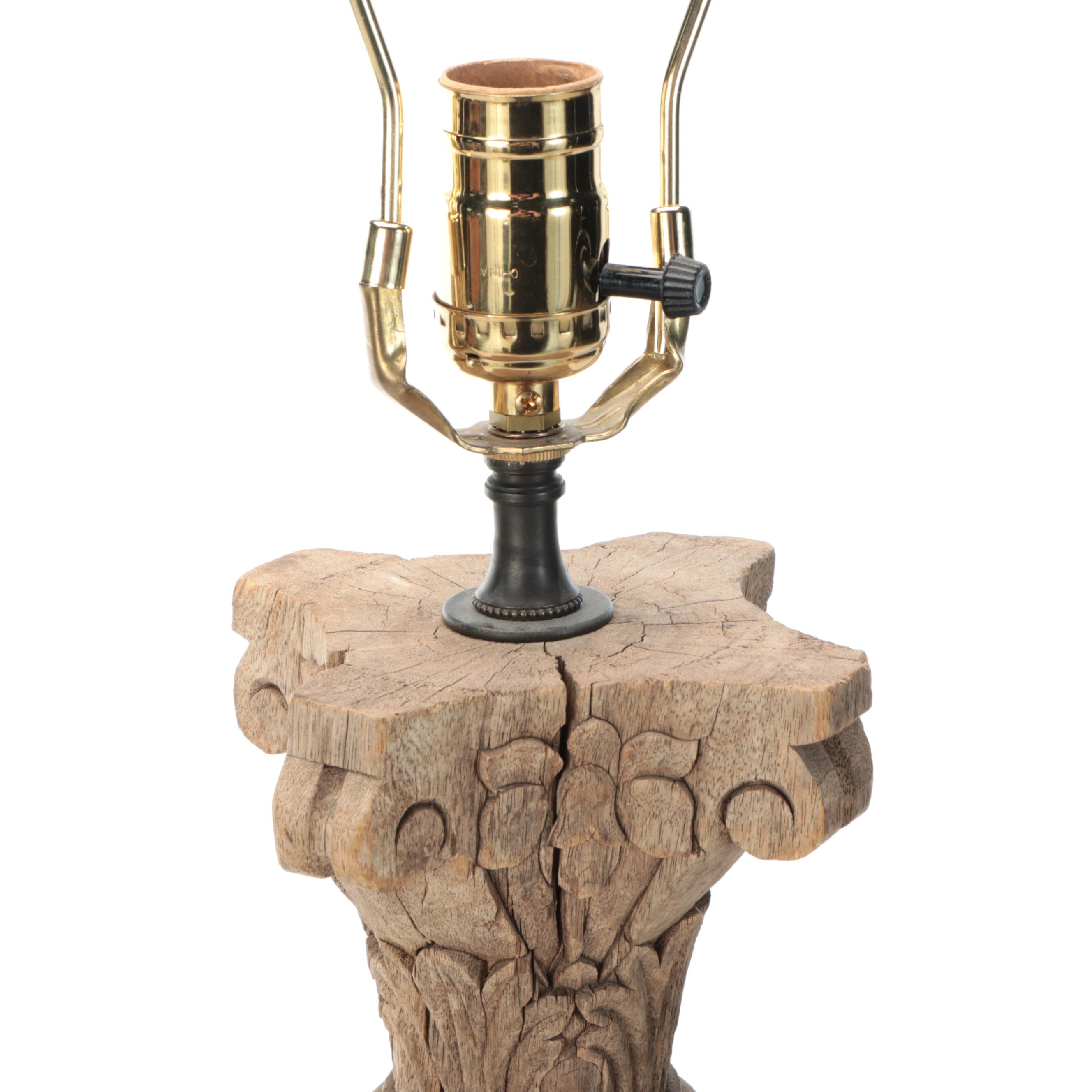 Architectural Salvage Wood Pillar Table Lamp with Drum Shade