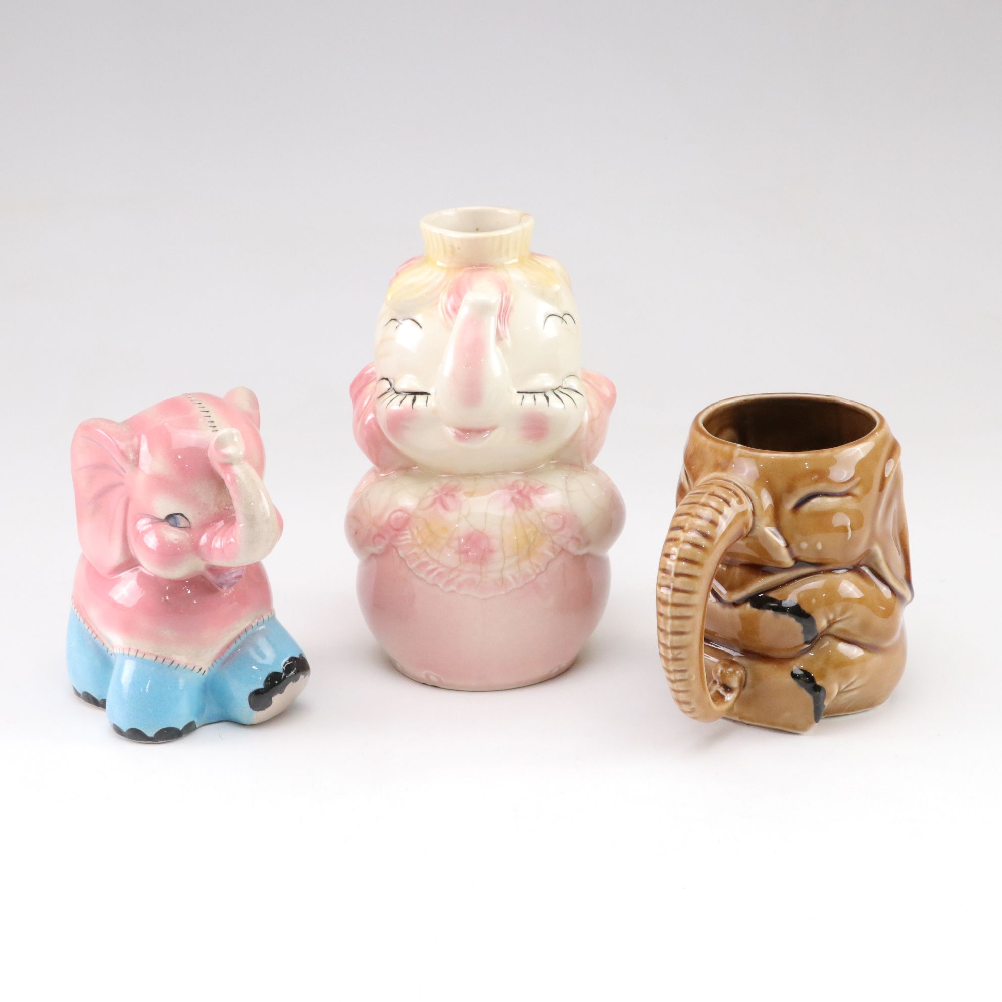 Three Ceramic Elephant Planters Including Occupied Japan and Leeds USA