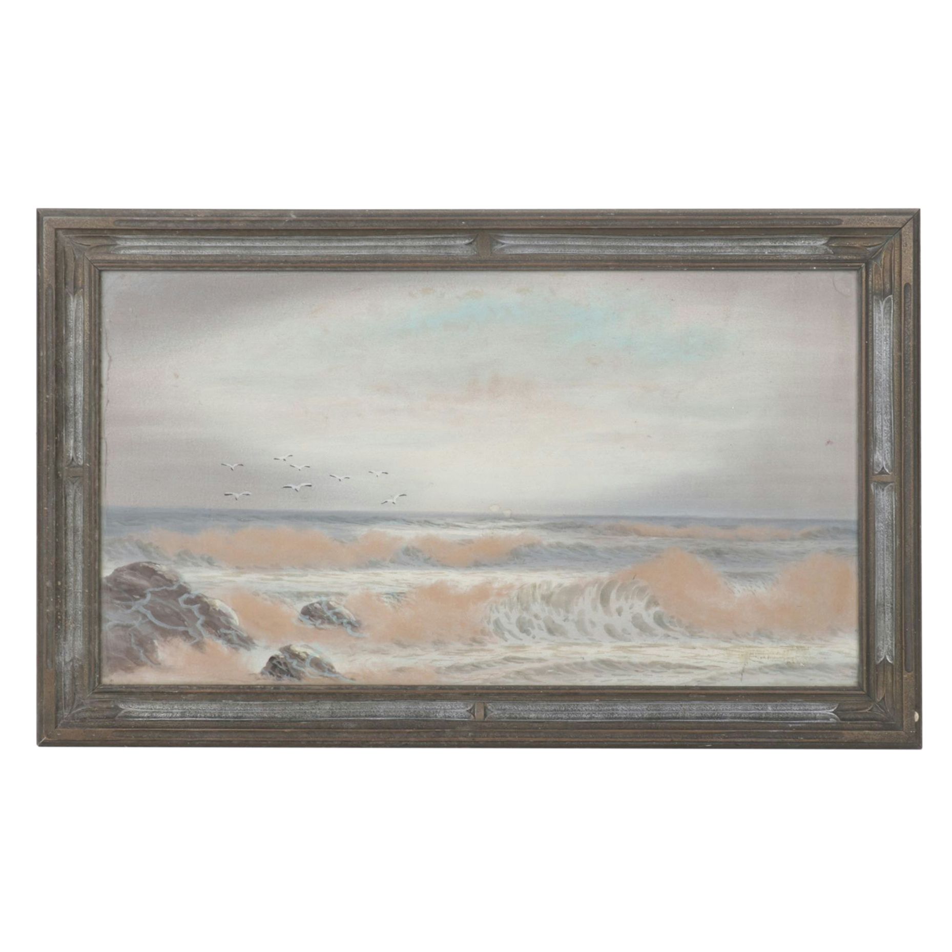 Color Lithograph Scene of Waves Crashing Off Shoreline, Mid to Late 20th Century