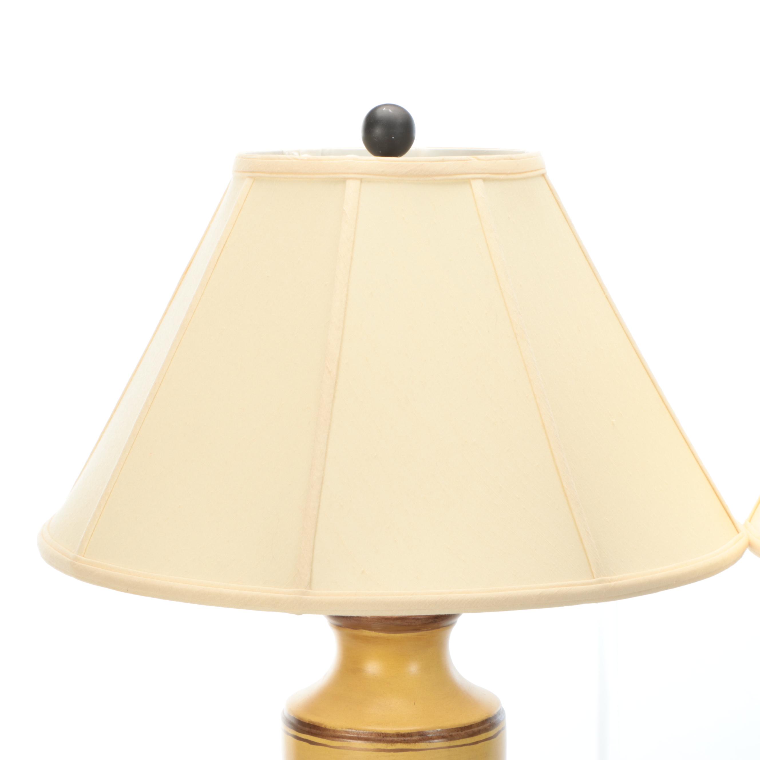 The Bradburn Gallery Ocher and Bronzed Ceramic Urn Table Lamps, Silk Shades