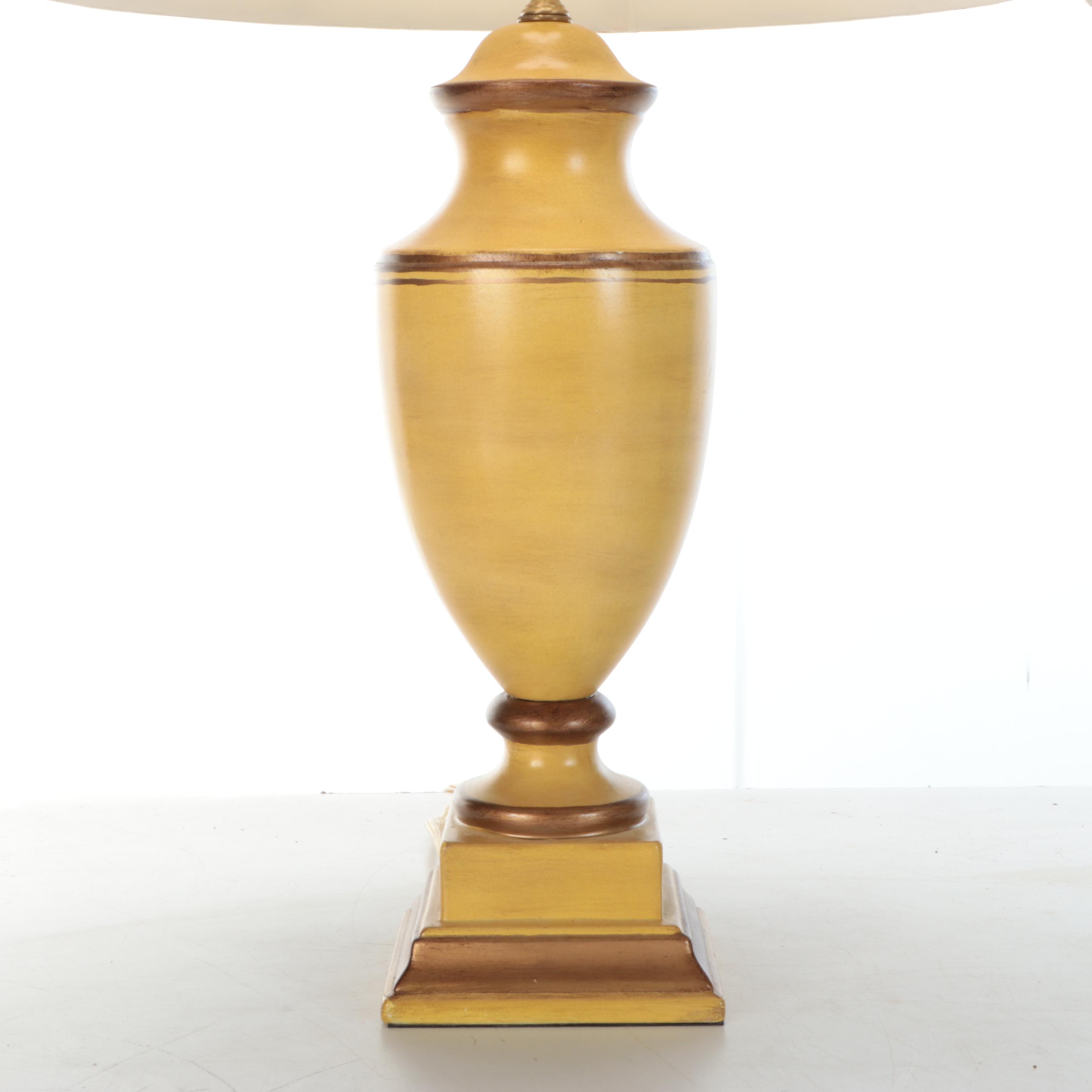 The Bradburn Gallery Ocher and Bronzed Ceramic Urn Table Lamps, Silk Shades