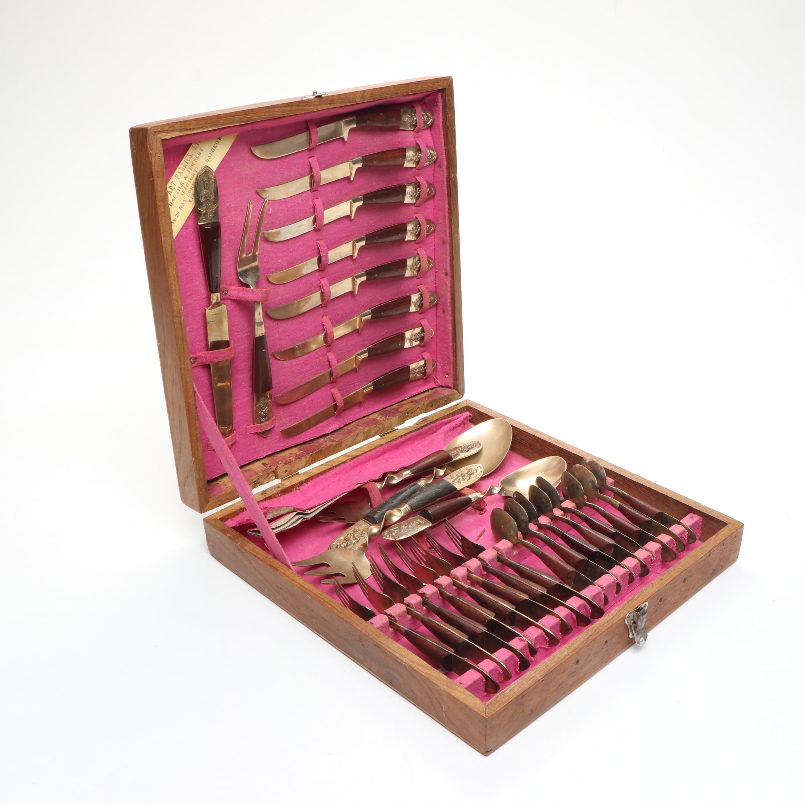 Siam Thailand Brass Flatware with Wooden Case, Mid to Late 20th Century