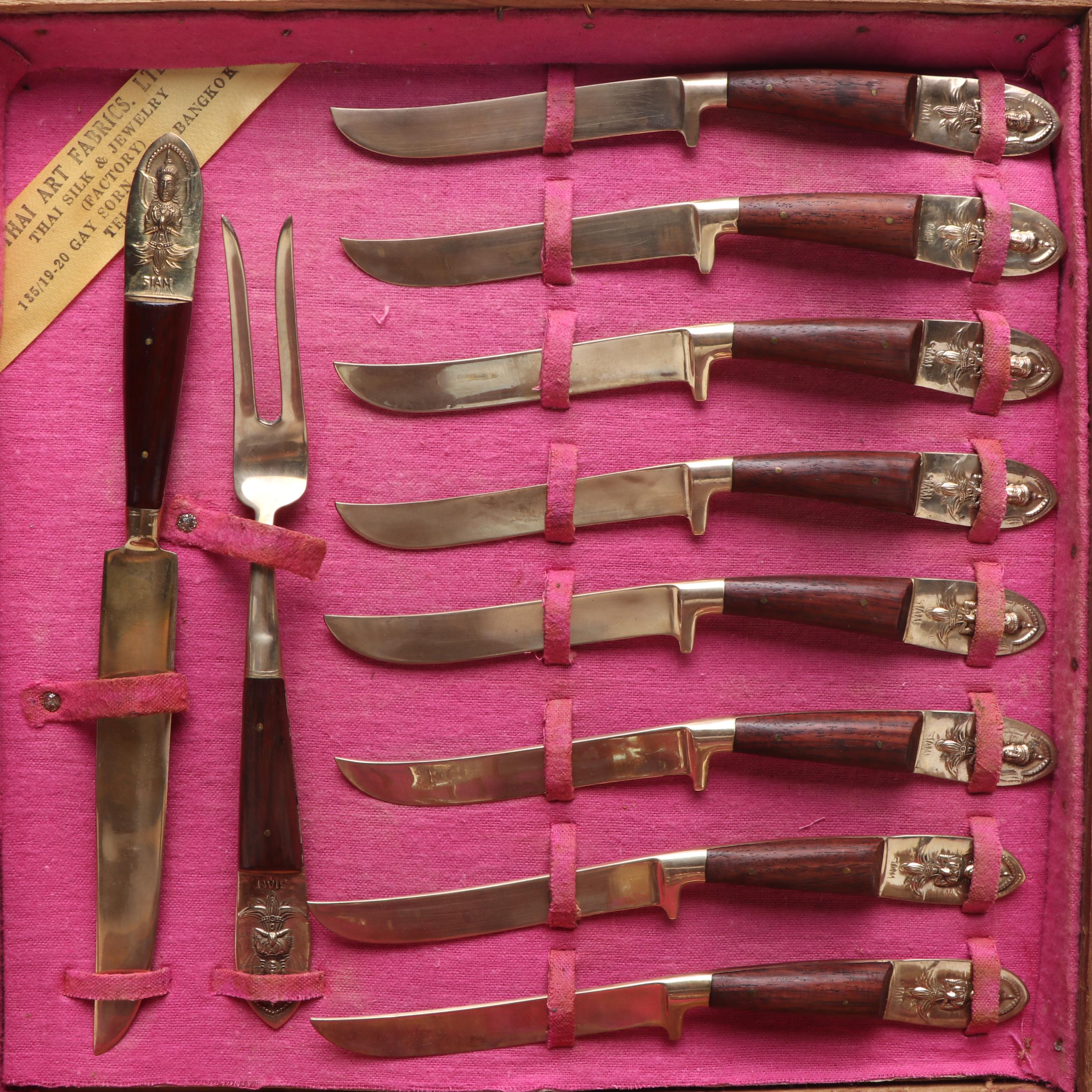Siam Thailand Brass Flatware with Wooden Case, Mid to Late 20th Century
