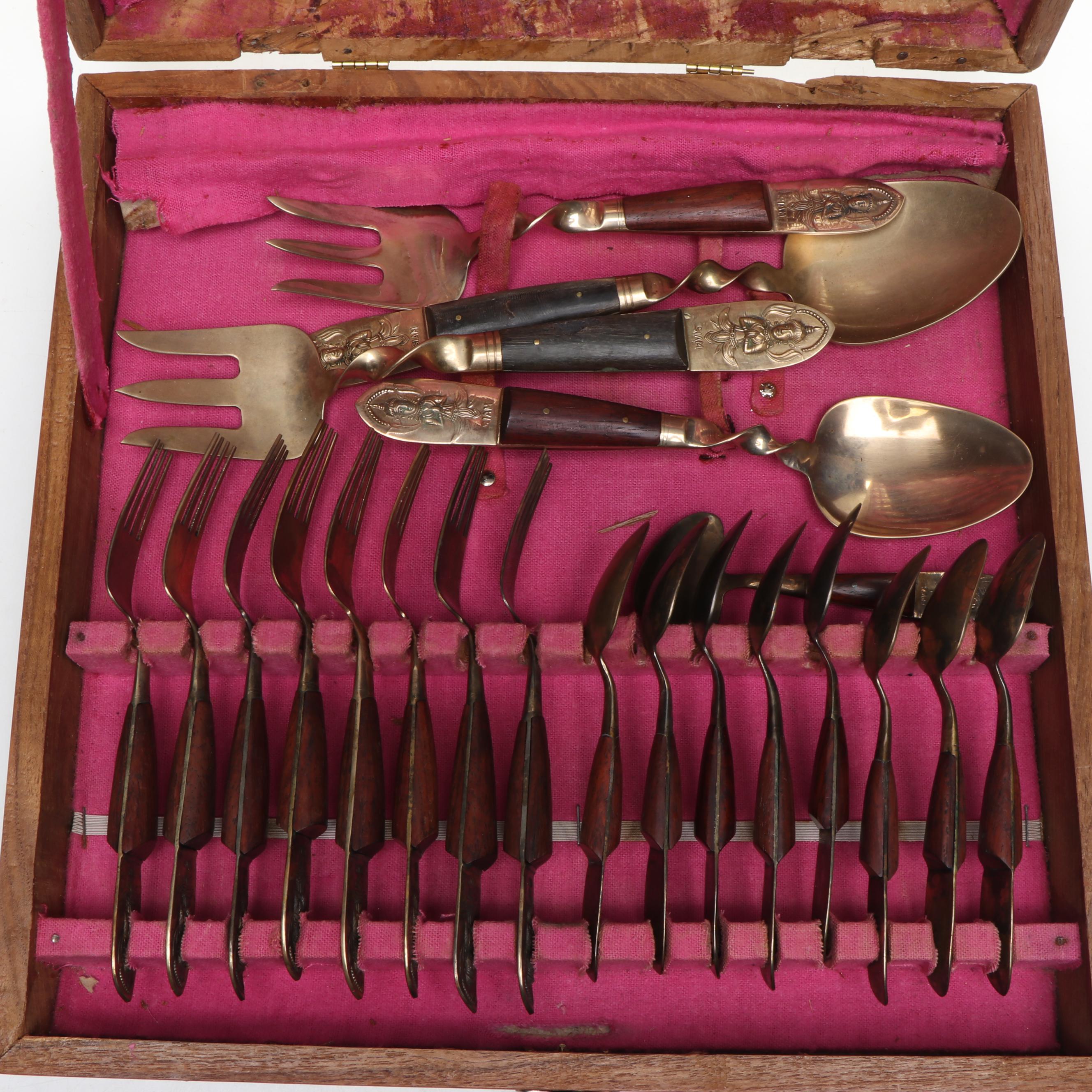 Siam Thailand Brass Flatware with Wooden Case, Mid to Late 20th Century