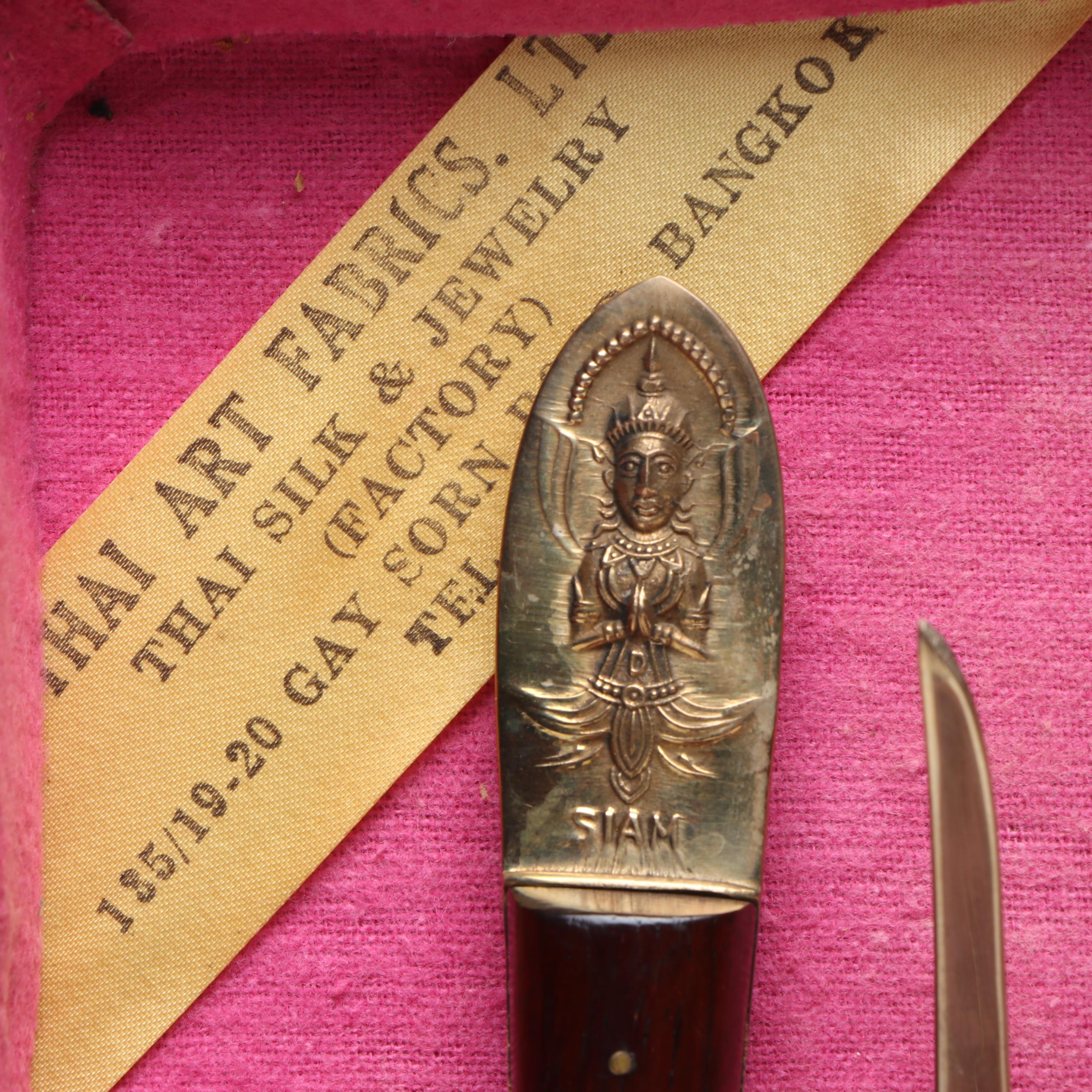 Siam Thailand Brass Flatware with Wooden Case, Mid to Late 20th Century