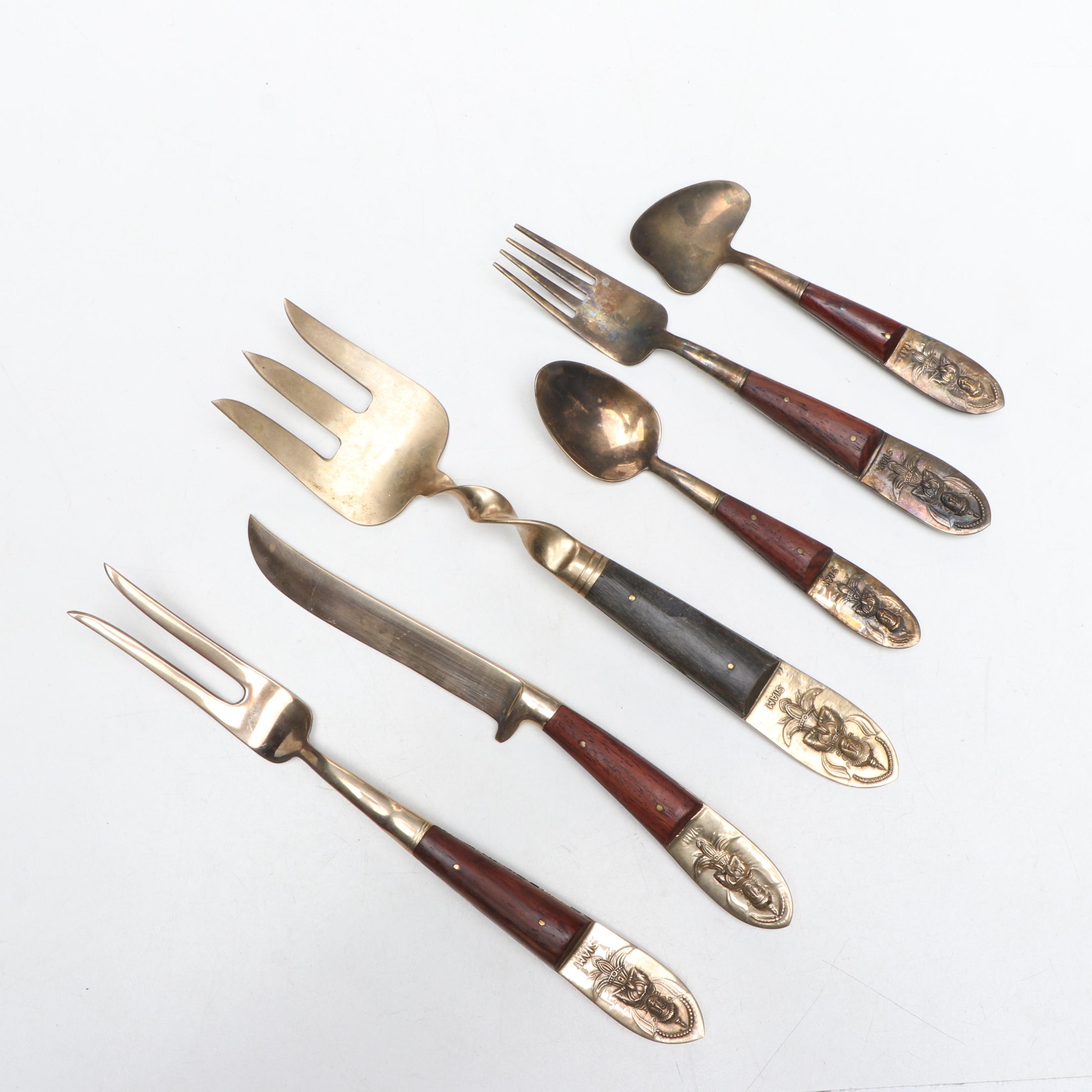 Siam Thailand Brass Flatware with Wooden Case, Mid to Late 20th Century
