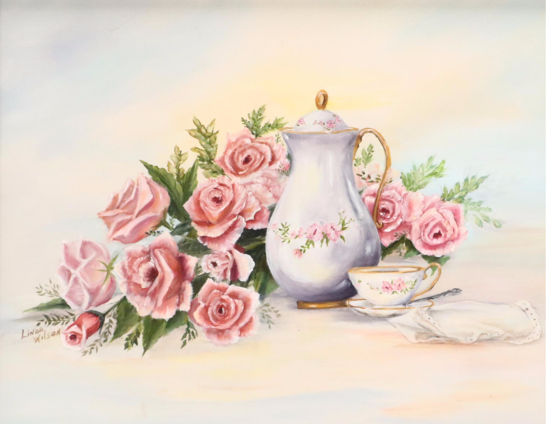 Linda Wilson Oil Painting Still Life of Roses and Tea Set, Late 20th Century