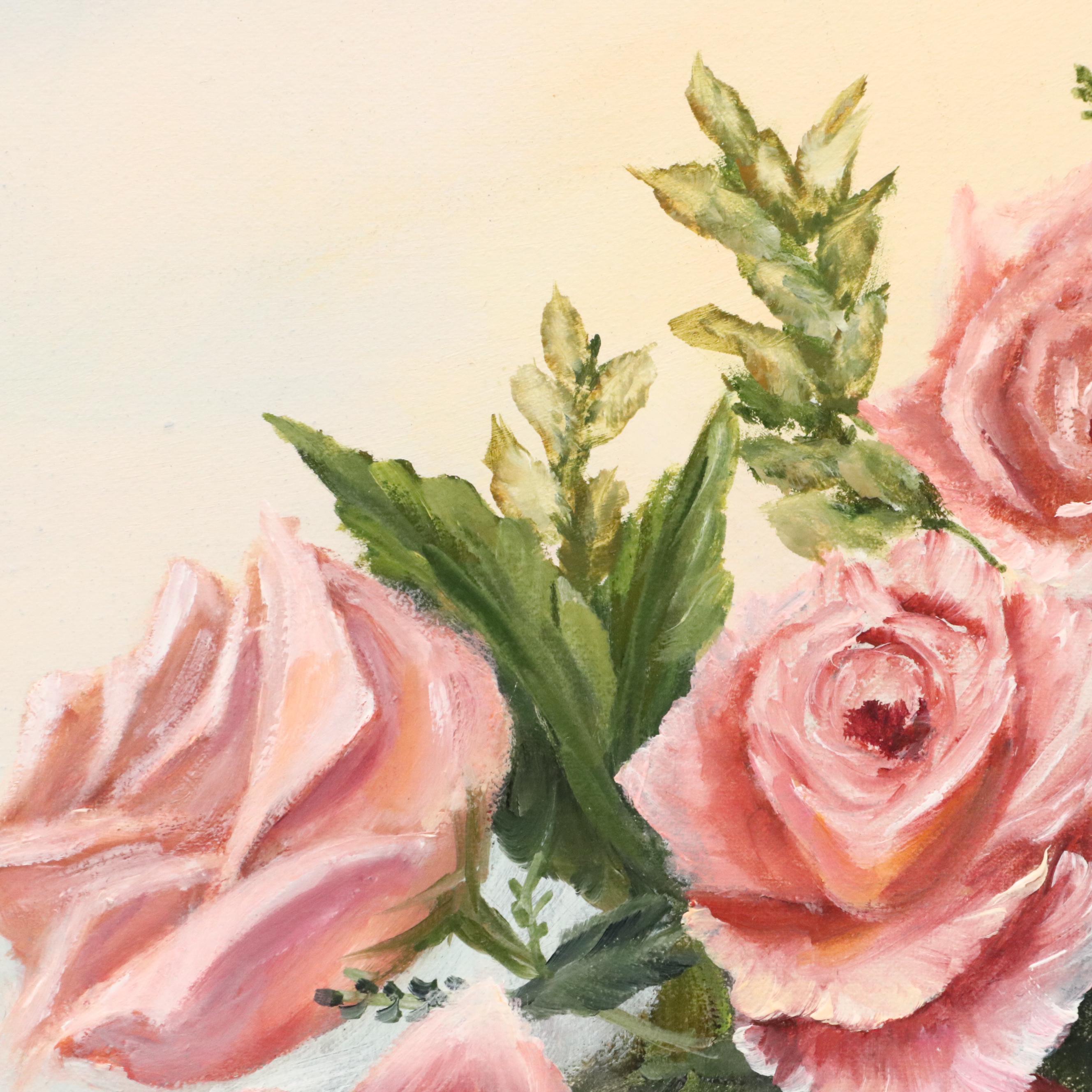 Linda Wilson Oil Painting Still Life of Roses and Tea Set, Late 20th Century