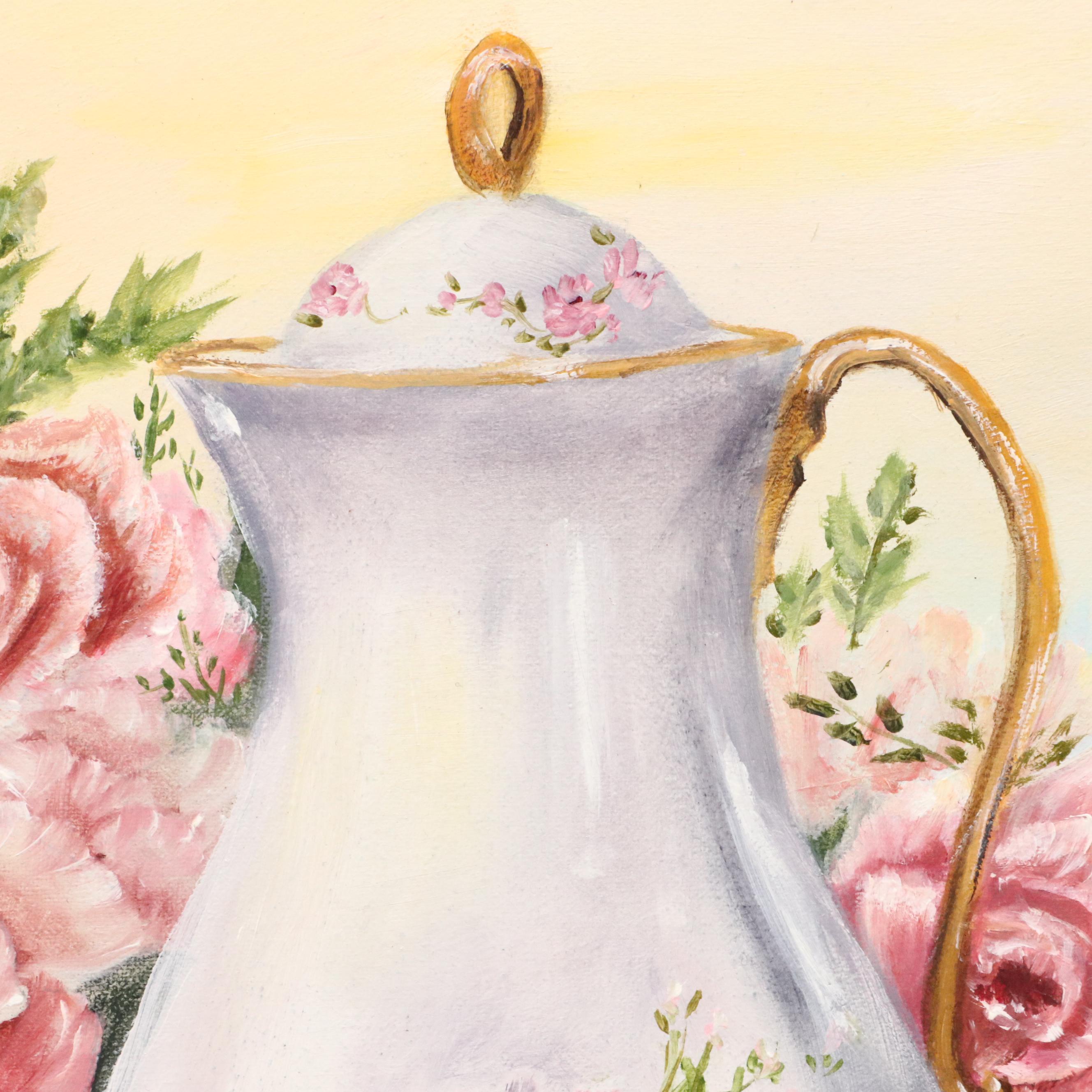 Linda Wilson Oil Painting Still Life of Roses and Tea Set, Late 20th Century