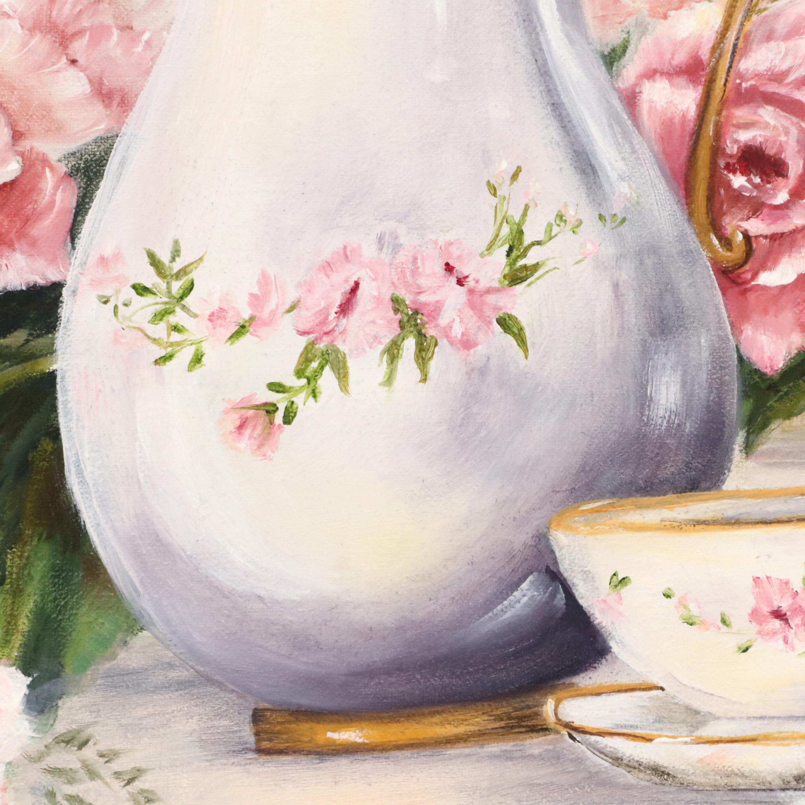 Linda Wilson Oil Painting Still Life of Roses and Tea Set, Late 20th Century