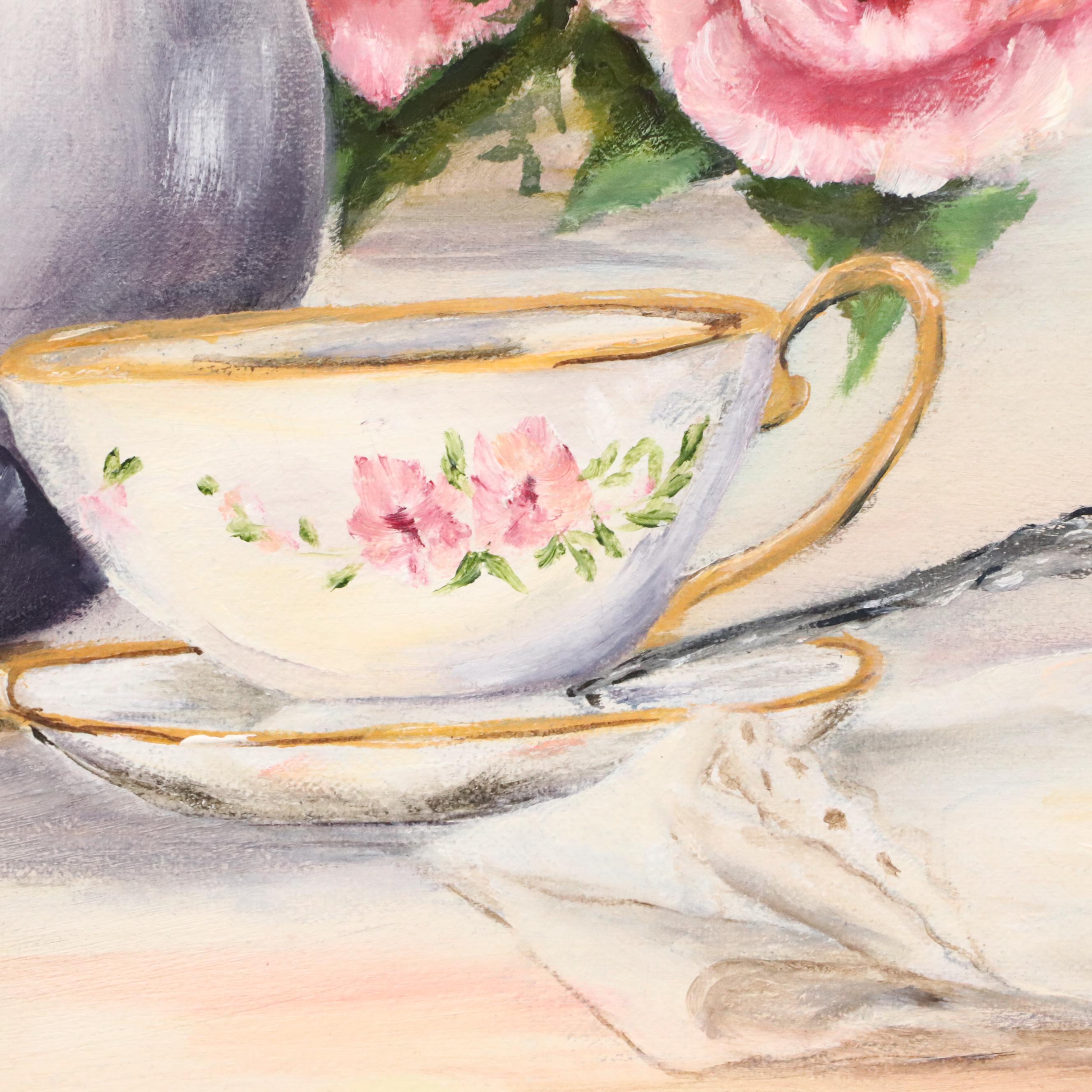 Linda Wilson Oil Painting Still Life of Roses and Tea Set, Late 20th Century