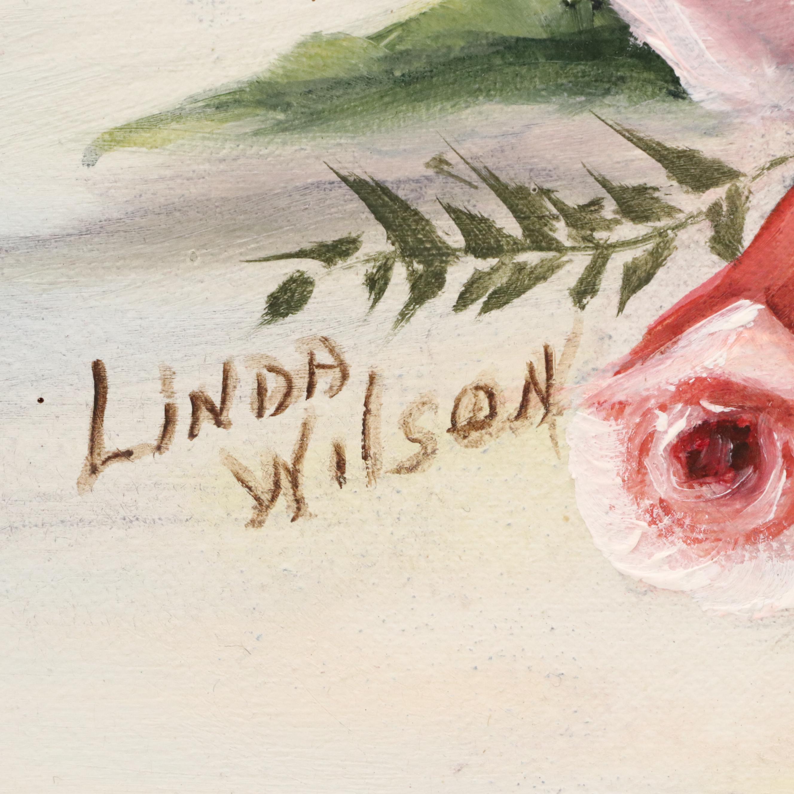 Linda Wilson Oil Painting Still Life of Roses and Tea Set, Late 20th Century