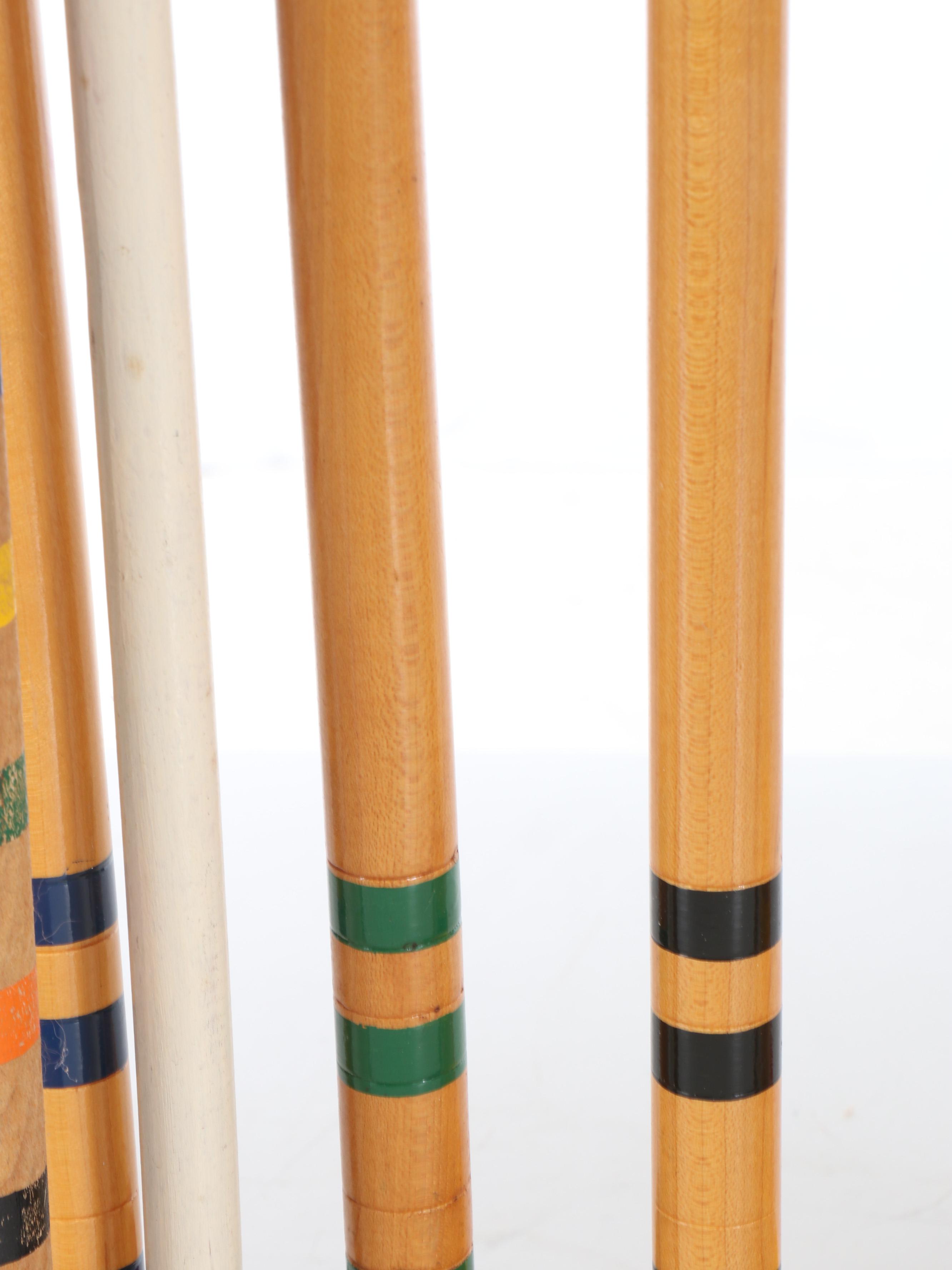 Croquet Mallets in Stand with Rubber Horseshoes and Croquet Balls