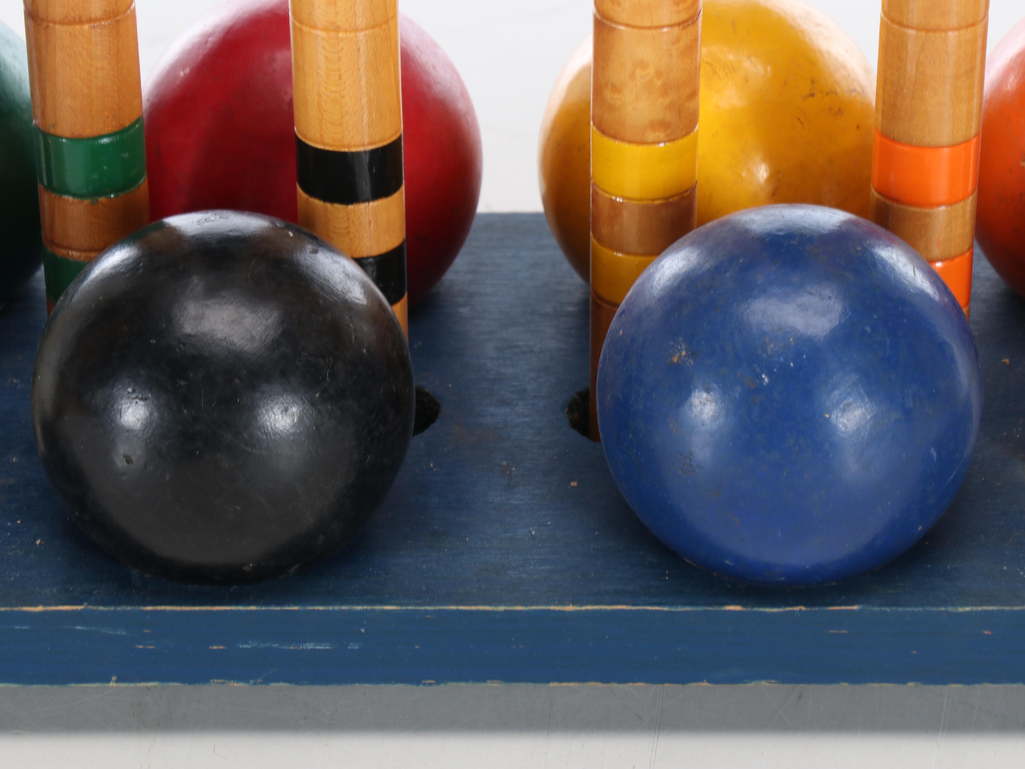 Croquet Mallets in Stand with Rubber Horseshoes and Croquet Balls