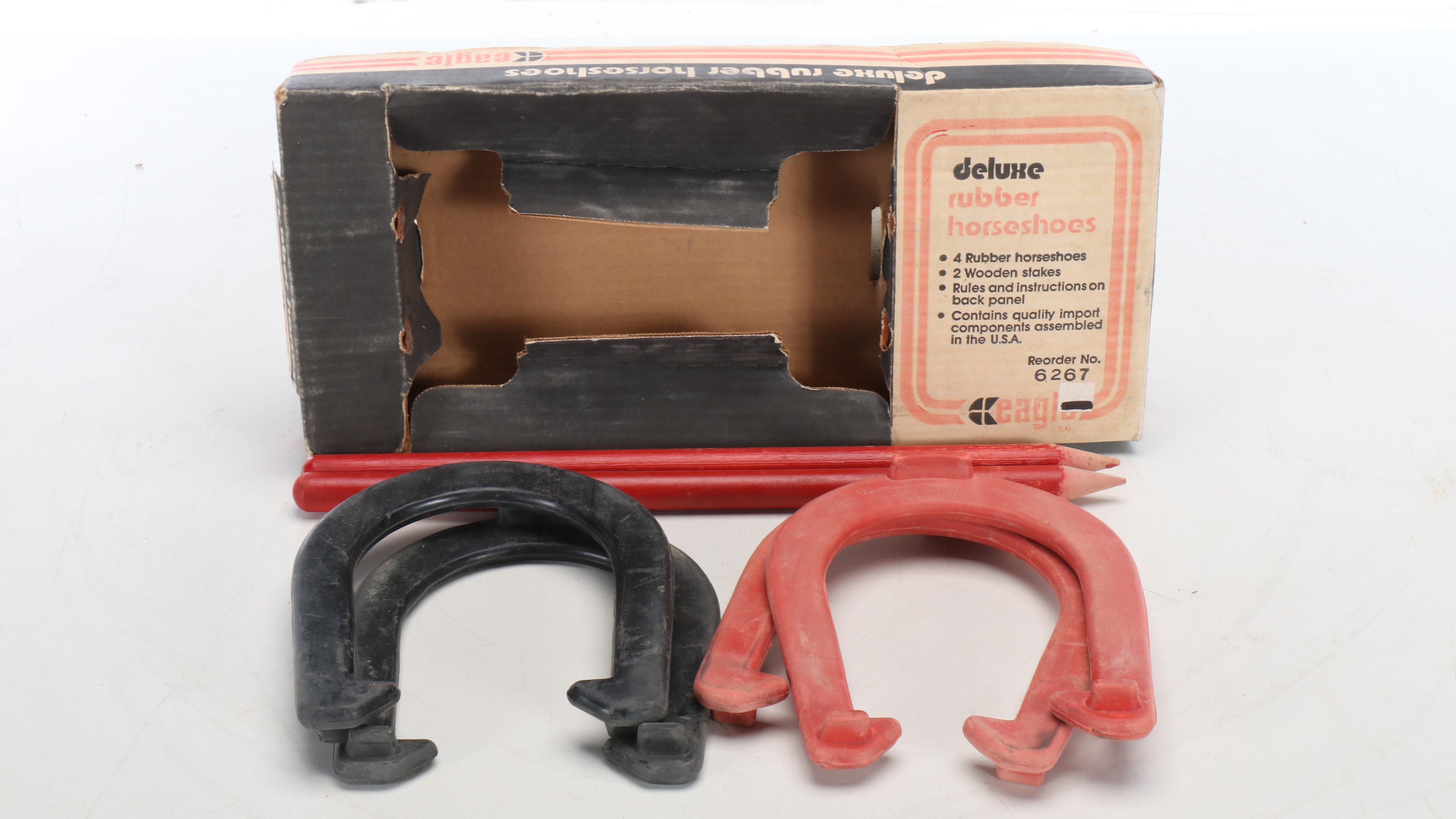 Croquet Mallets in Stand with Rubber Horseshoes and Croquet Balls