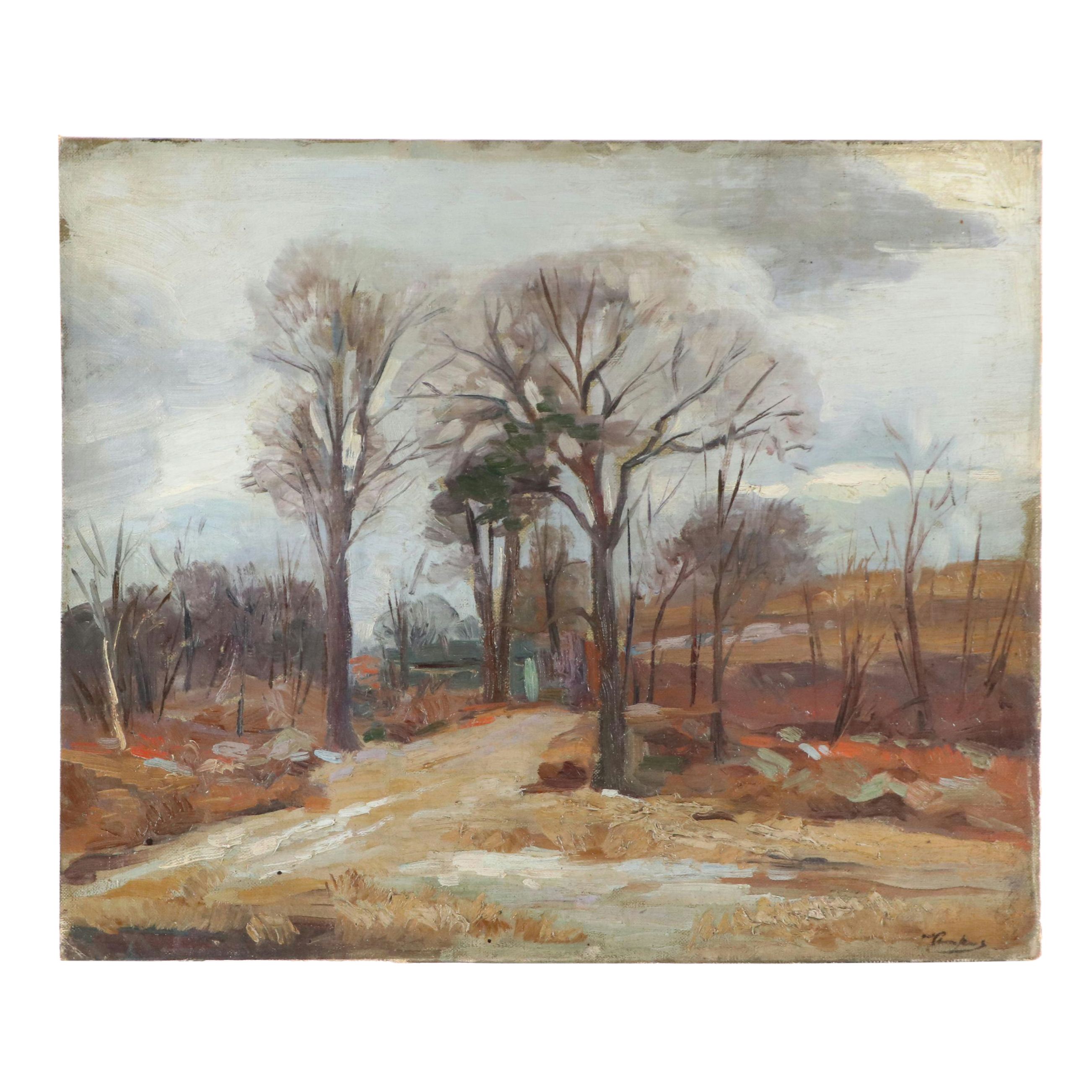 Late Autumn Rural Landscape Oil Painting, 20th Century