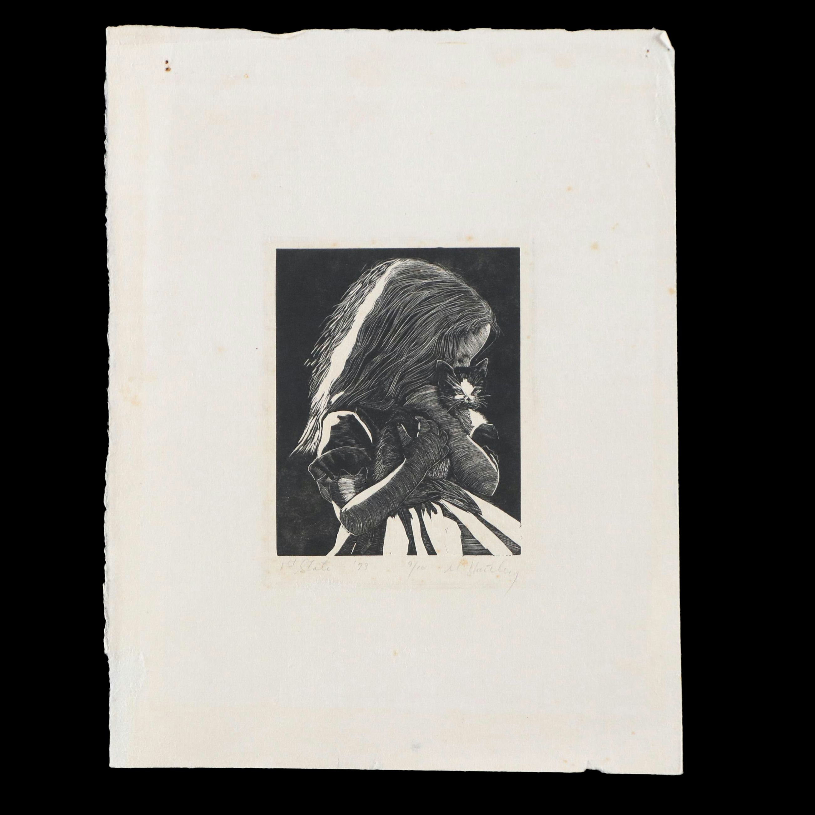 M. Hartley Wood Engraving of Girl Holding Kitten, 1973