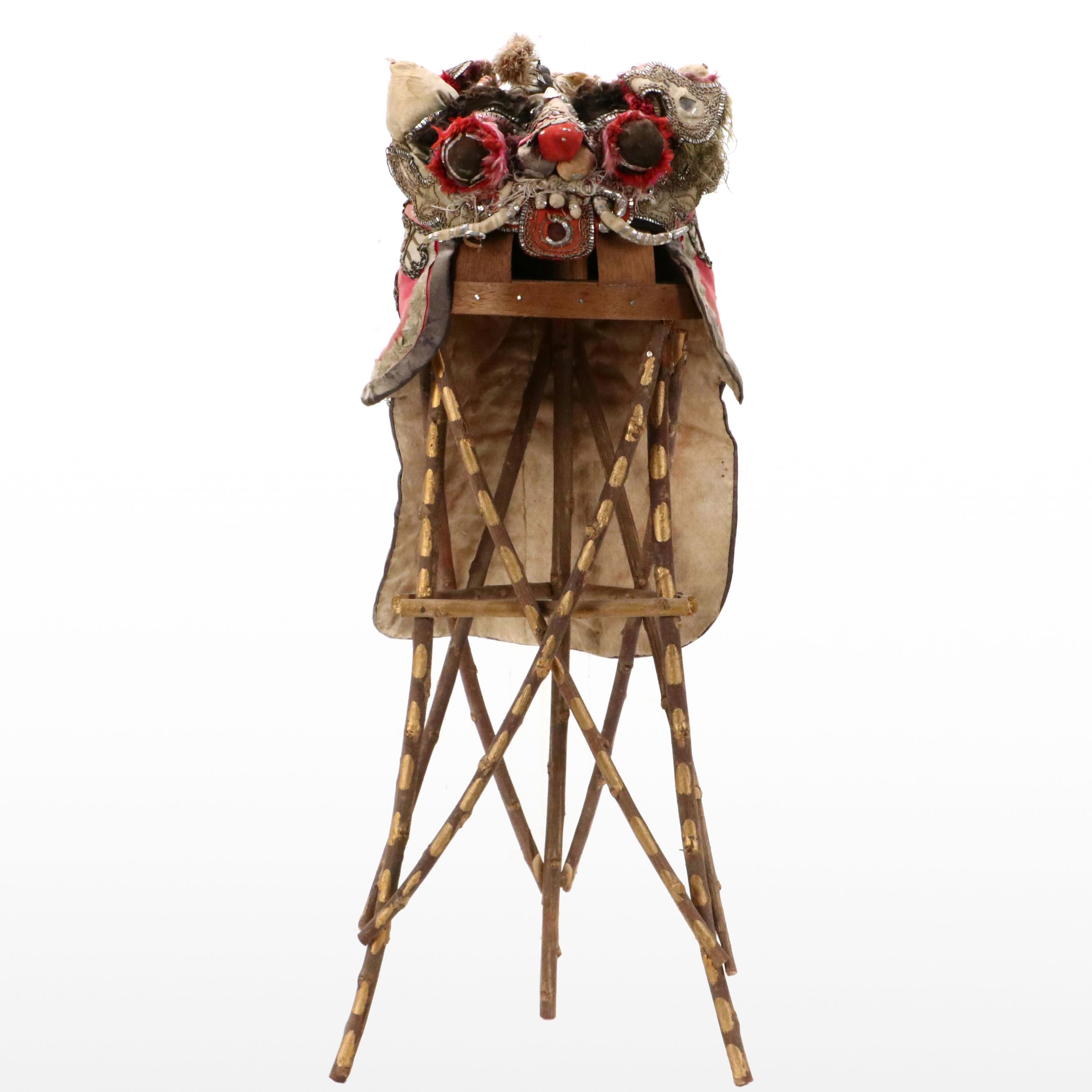 Robert Beaven Folk Art Mixed Media Hat Stand with Chinese Embroidered Baby Hat