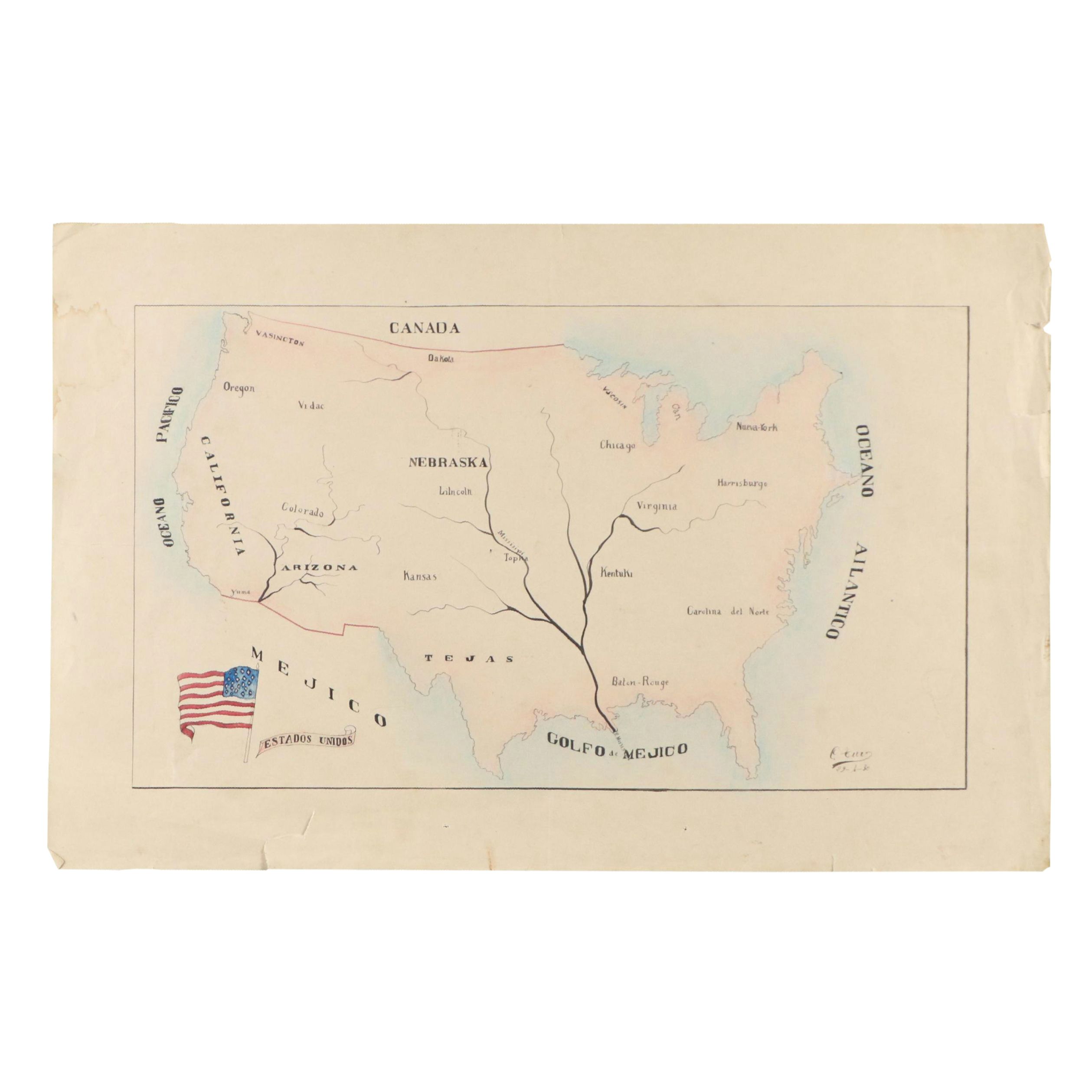 Ink Drawing of Manifest Destiny Map "Estados Unidos," Circa 1930