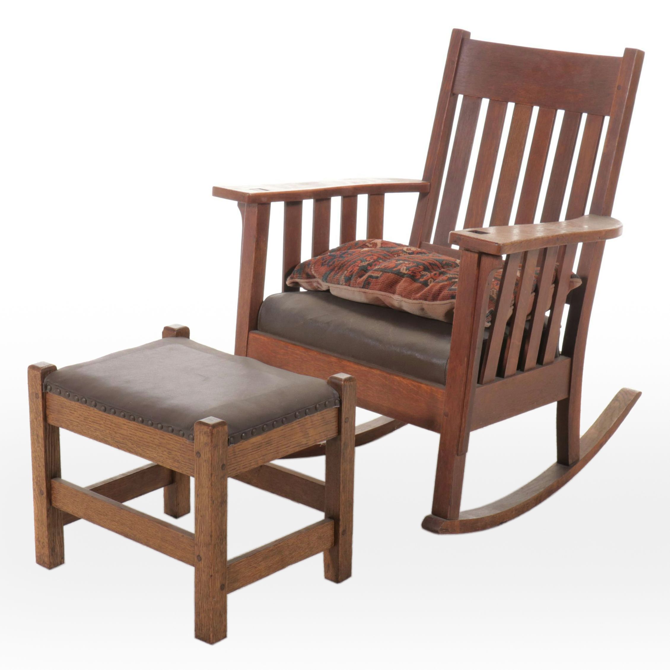 Arts & Crafts Style Oak Rocking Chair with Ottoman
