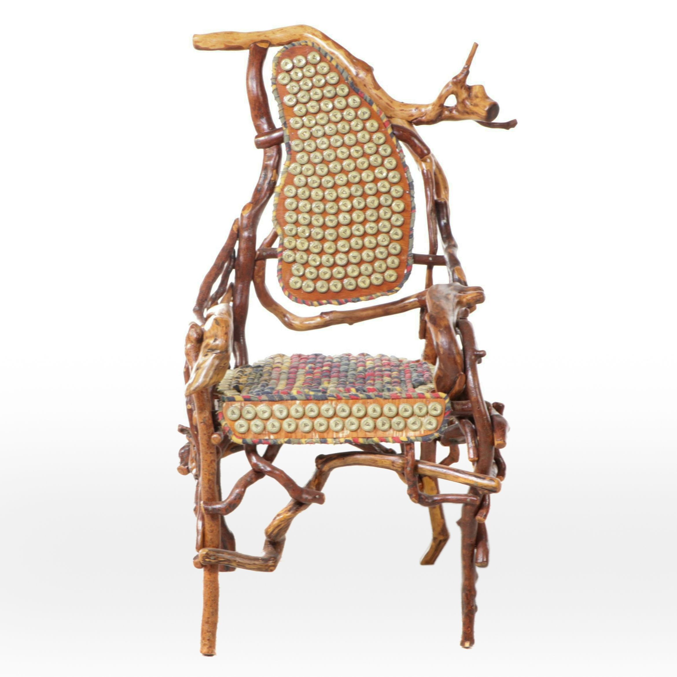 Robert Beaven Adirondack Style Root Wood Armchair with Guinness Bottle Caps