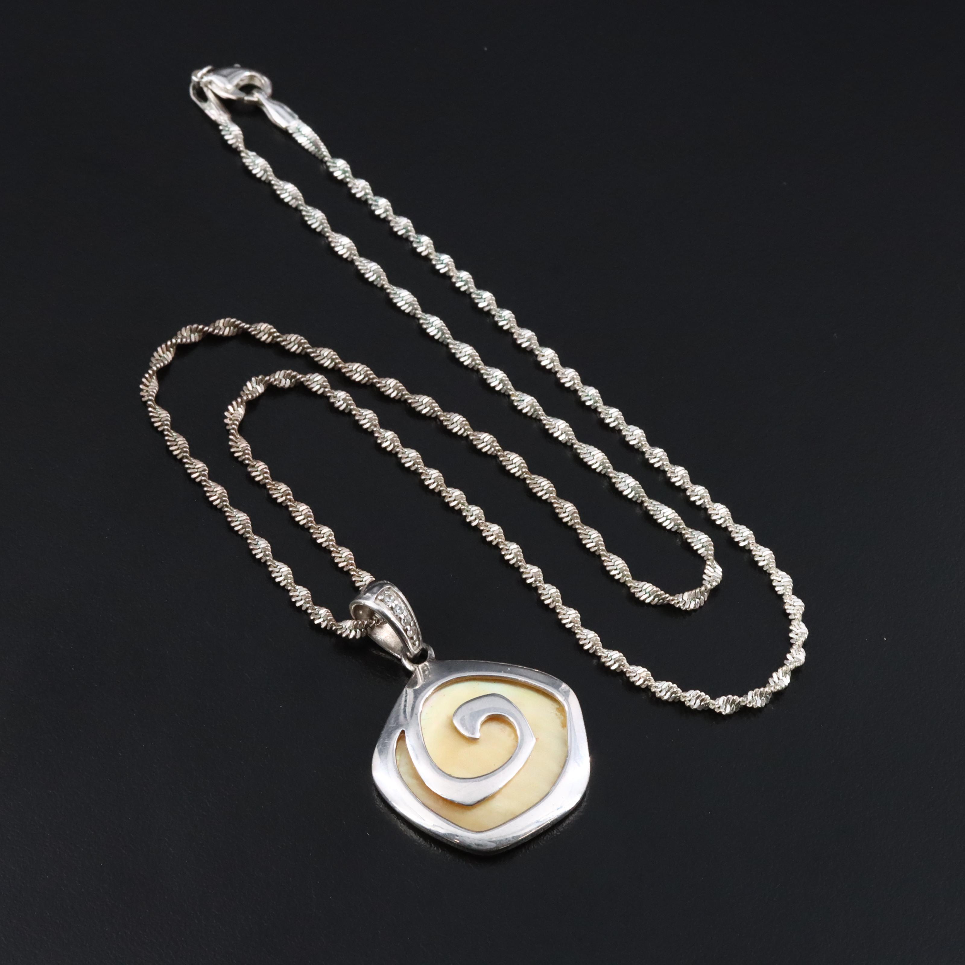 Singapore Chain with Sterling Mother of Pearl Spiral Pendant
