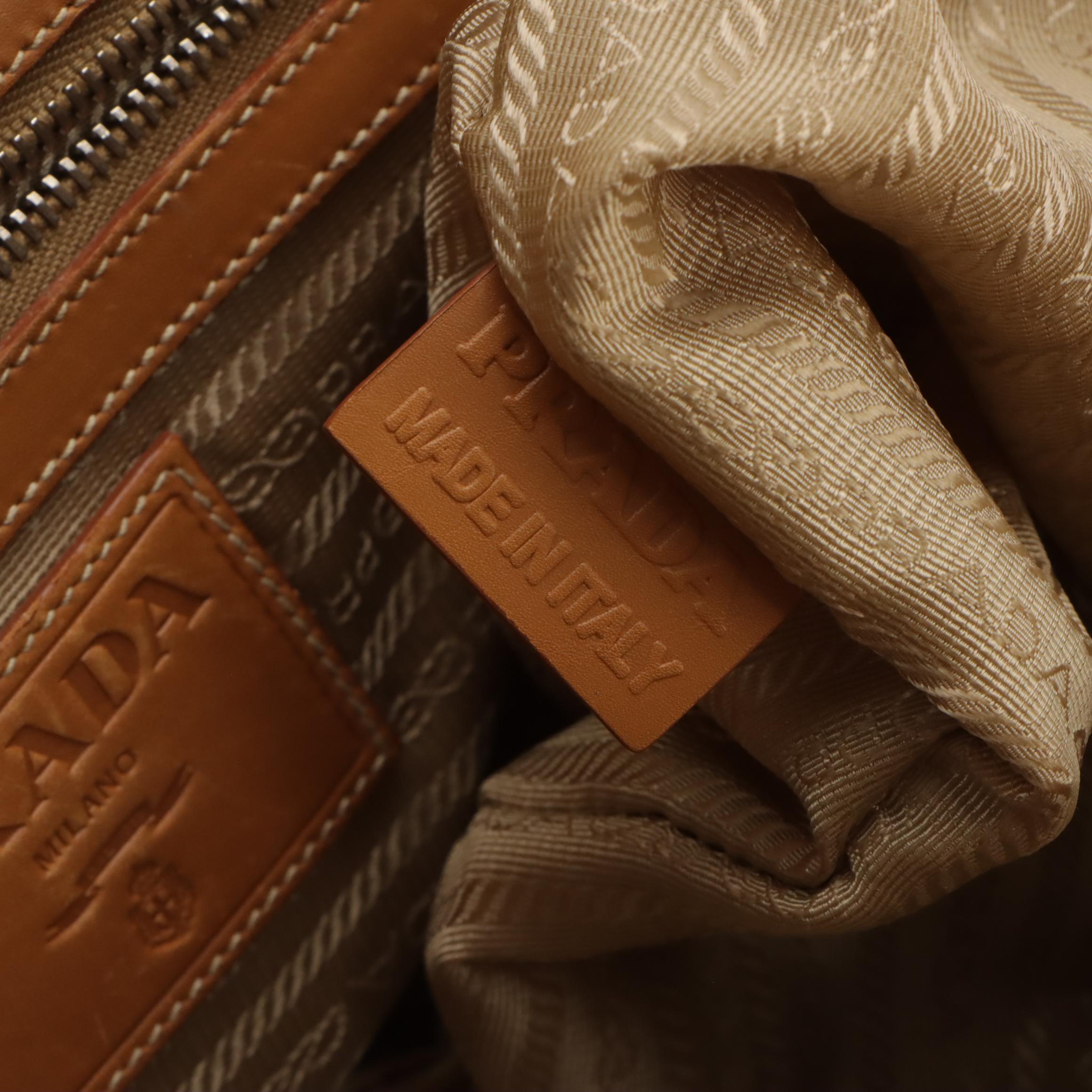 Prada Canapa Logo Canvas and Brown Leather Framed Satchel