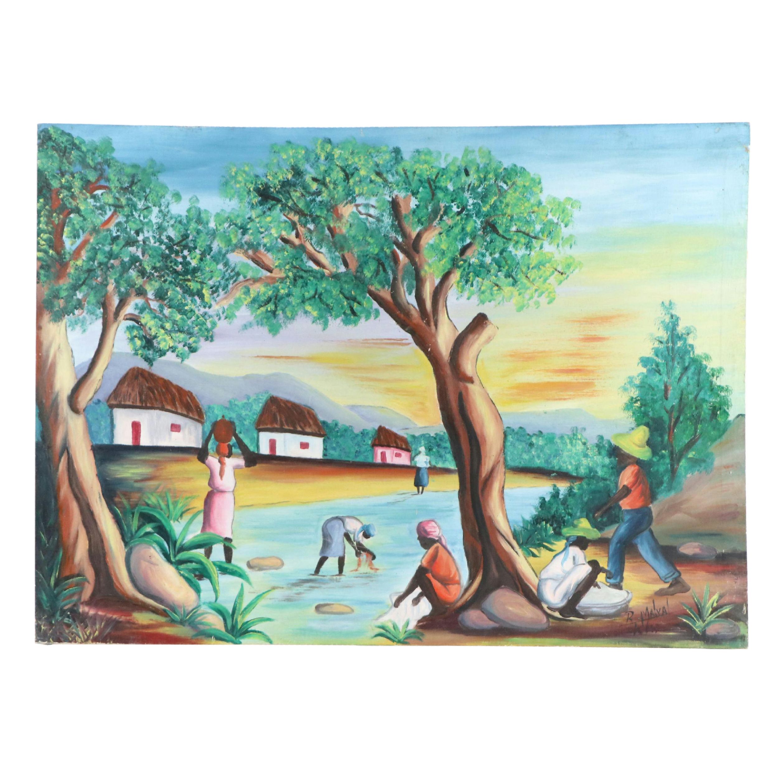 Attributed to Raymond Malval Haitian Genre Scene Acrylic Painting, 1967