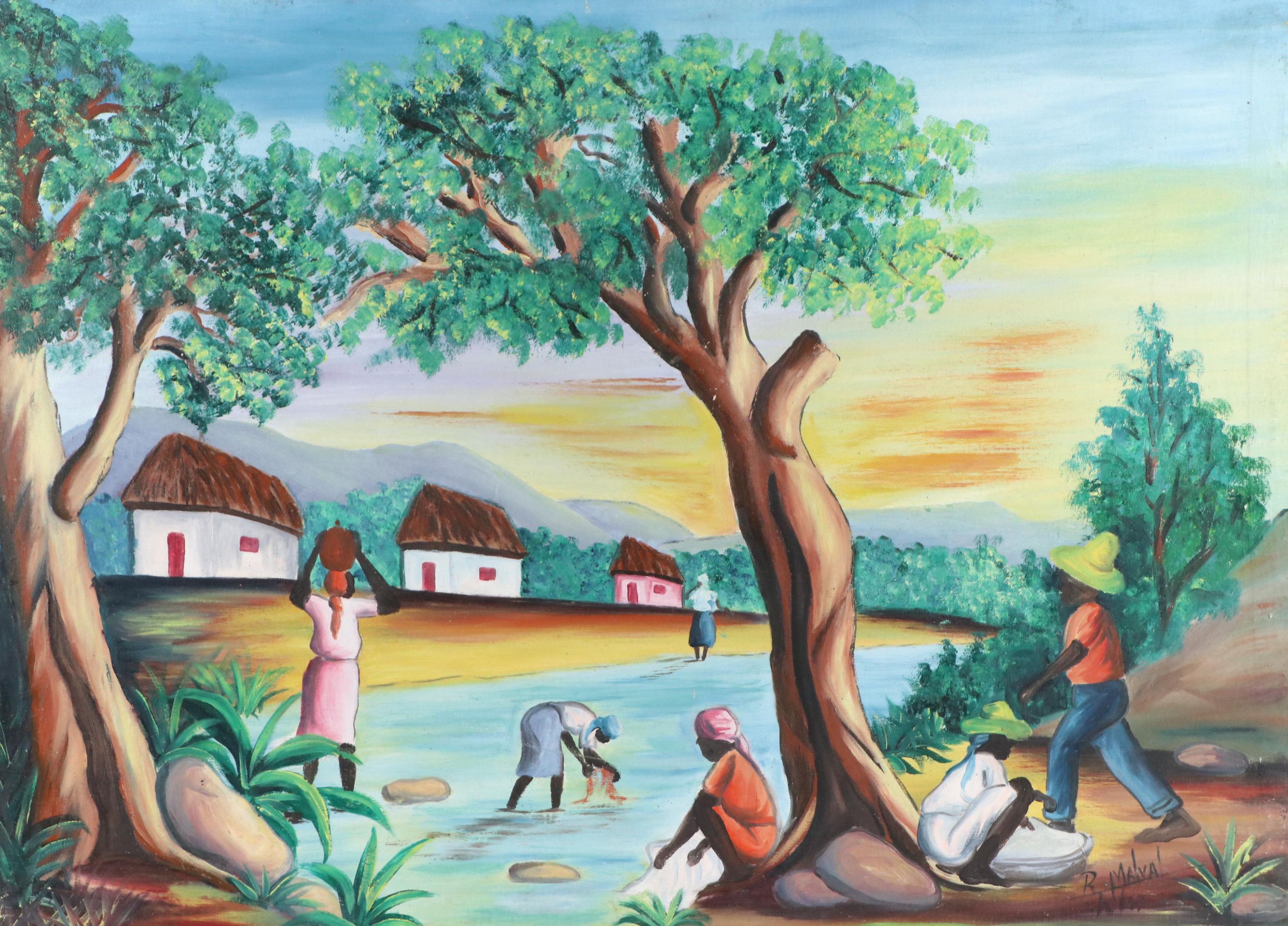 Attributed to Raymond Malval Haitian Genre Scene Acrylic Painting, 1967