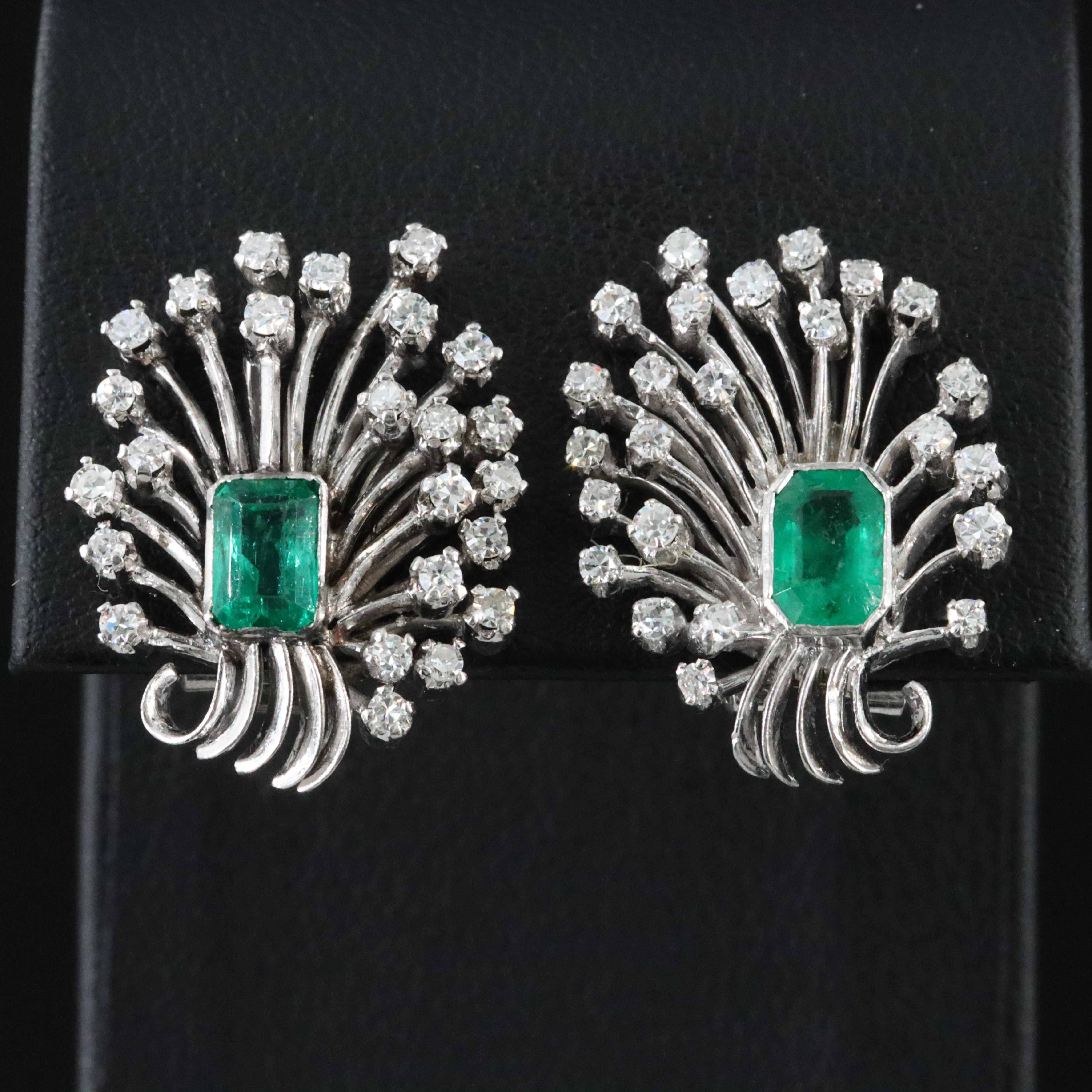 Platinum Emerald and Diamond Spray Earrings