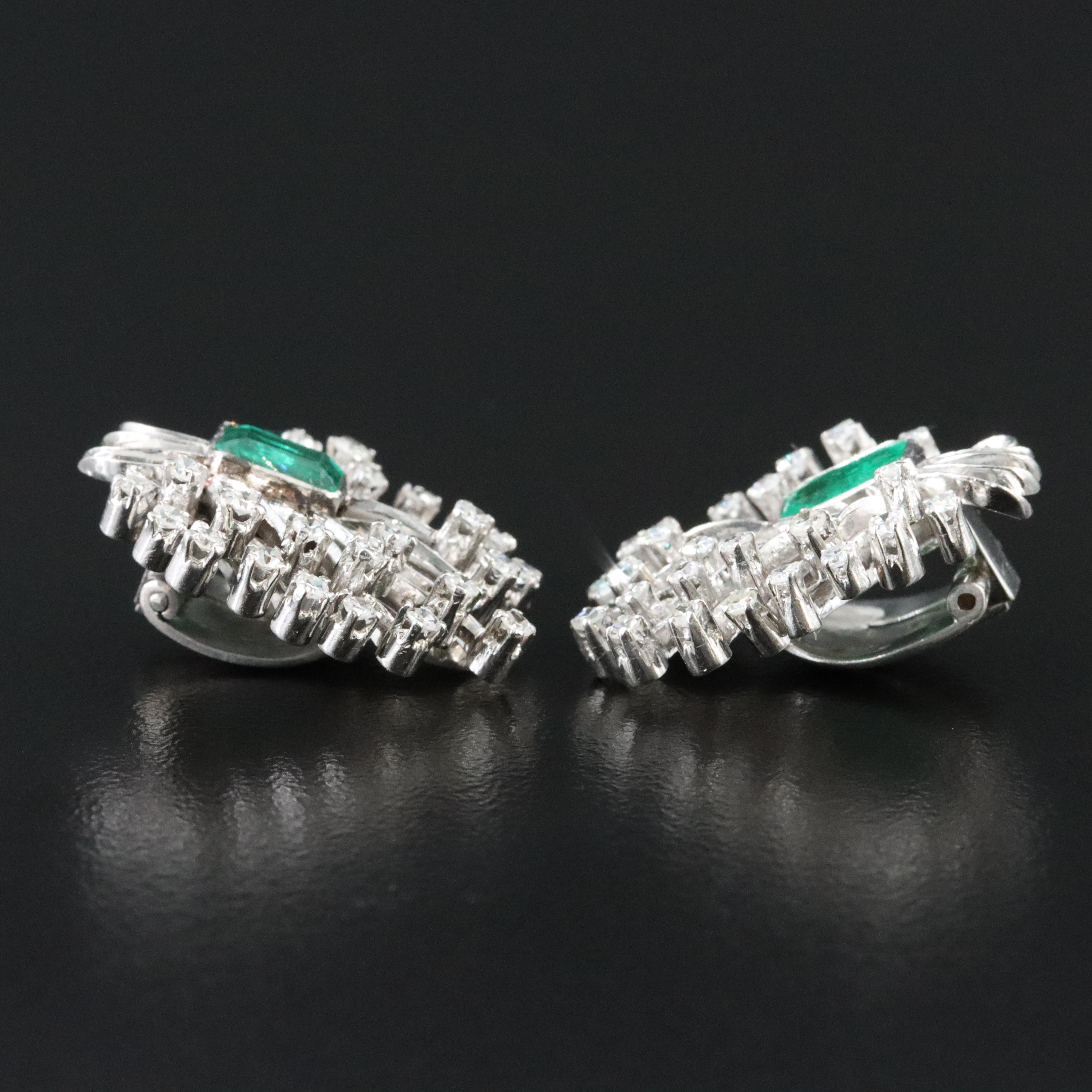 Platinum Emerald and Diamond Spray Earrings