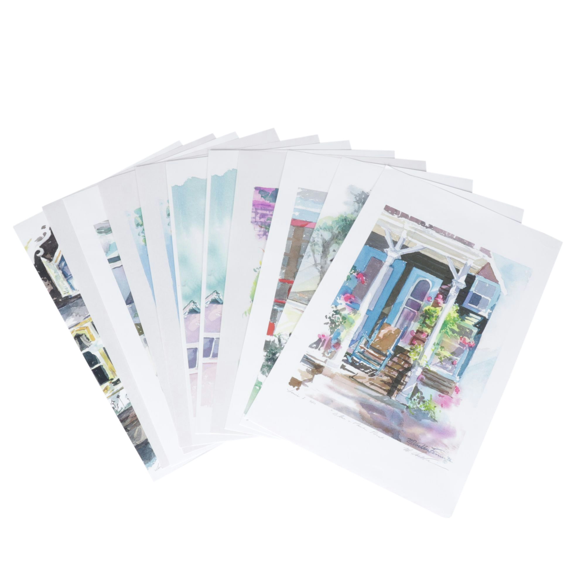 Set of Margaret Voelker-Ferrier Offset Lithographs of Home Facades & Gardens