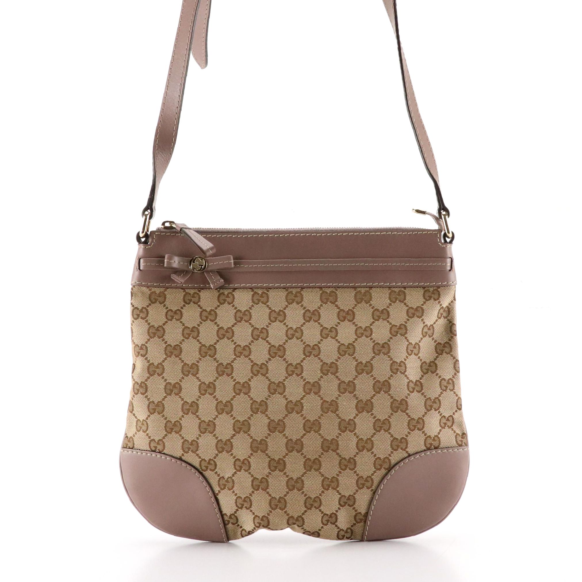 Gucci Mayfair Zippered Crossbody Bag in GG Canvas and Stone Calfskin Leather