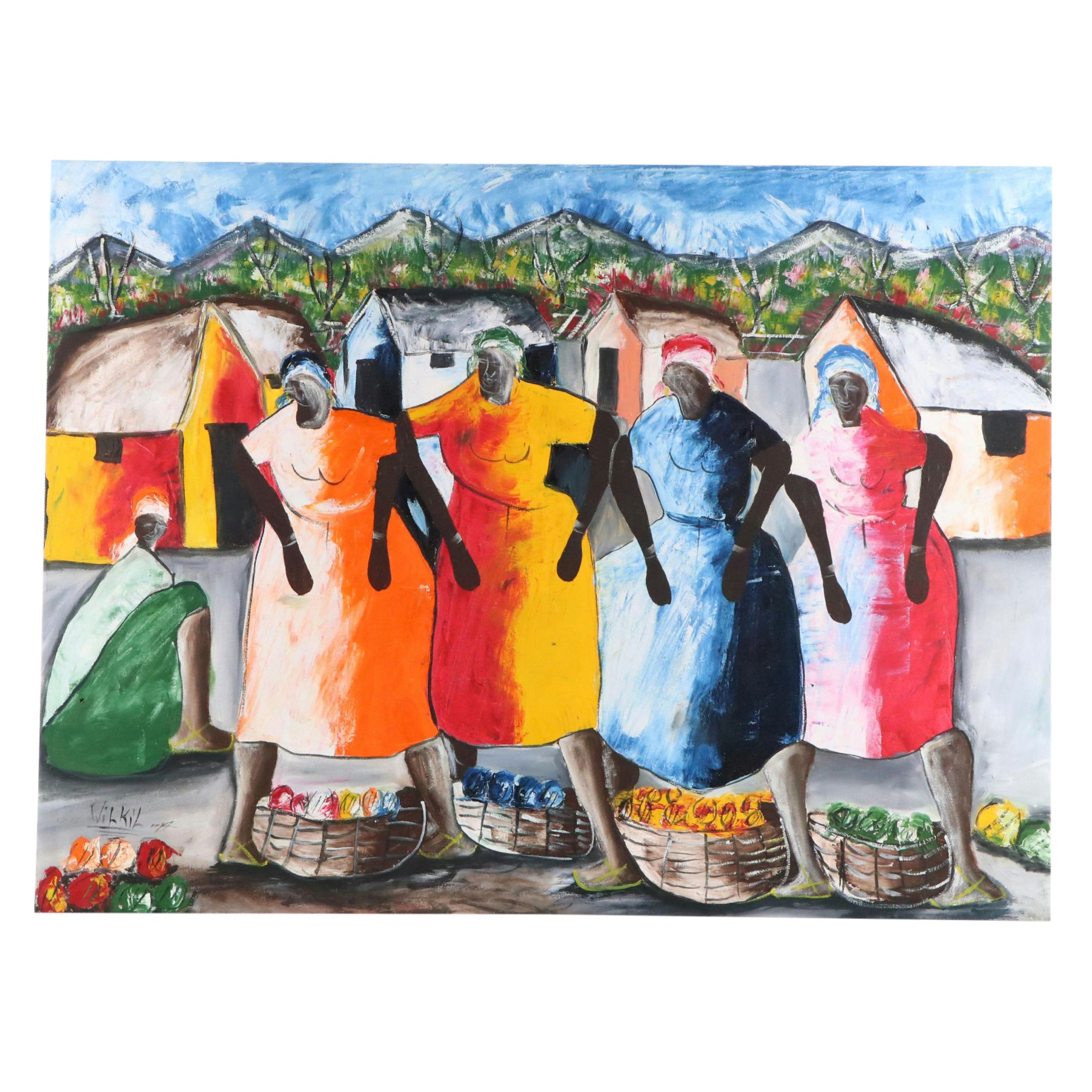 Wilkil Haitian School Genre Scene Acrylic Painting, Circa 1979