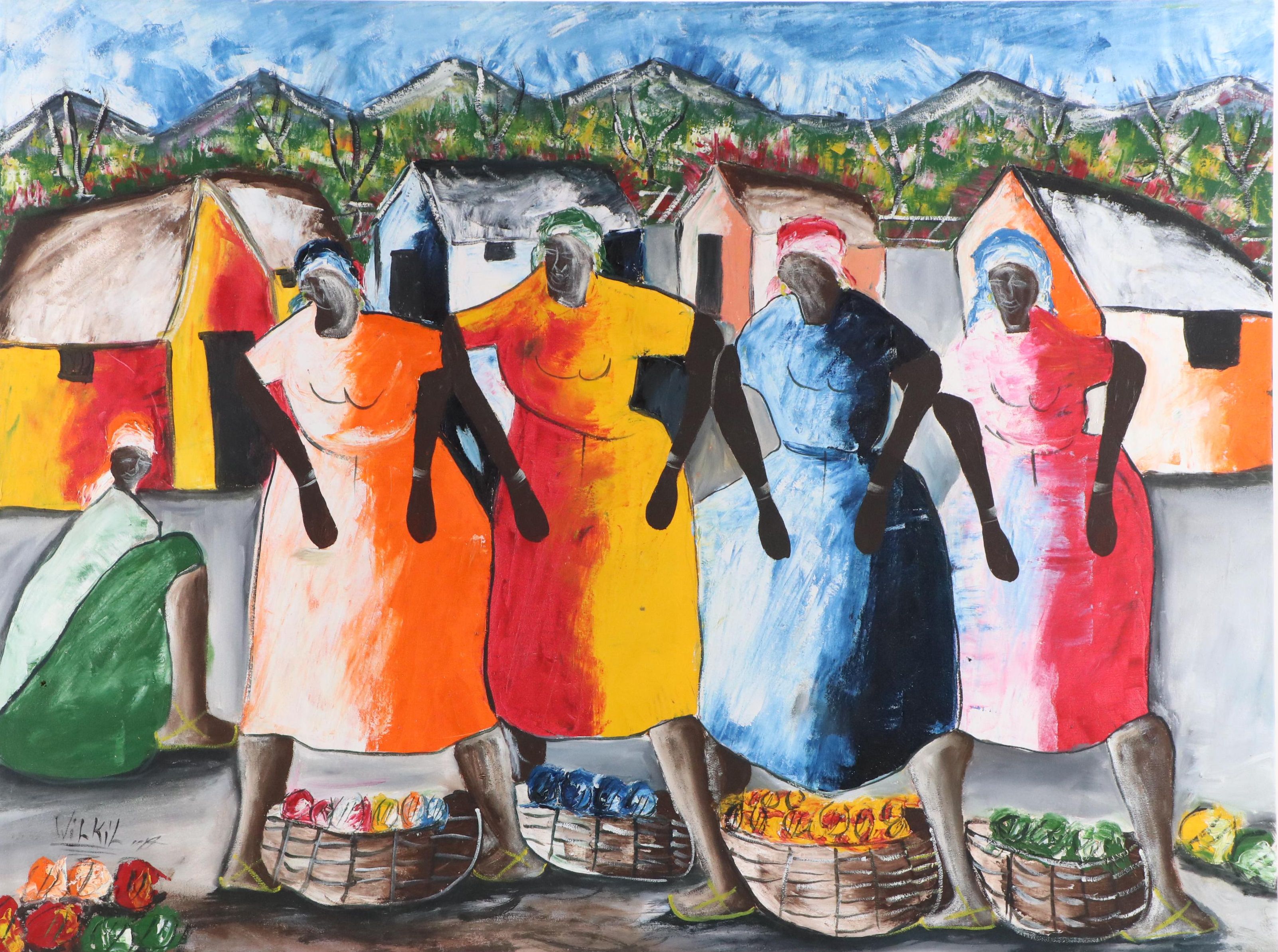 Wilkil Haitian School Genre Scene Acrylic Painting, Circa 1979