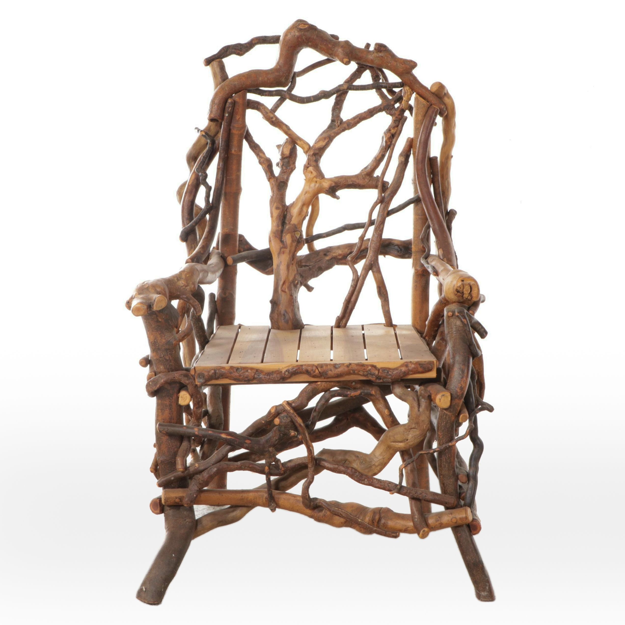 Robert Beaven Adirondack Style Handcrafted Root Wood and Poplar Armchair