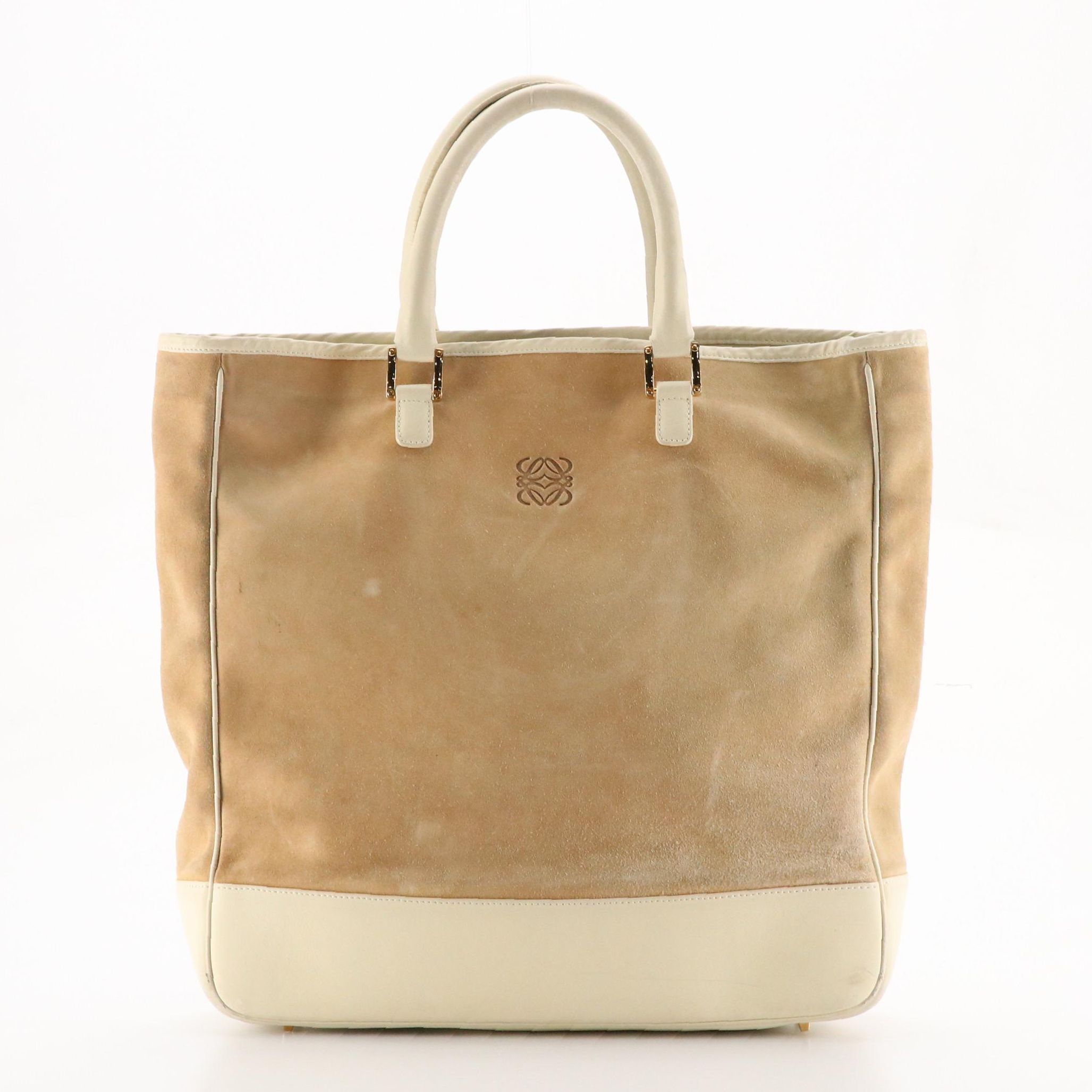 Loewe Anagram Embossed Tote Bag in Beige Suede and Ivory Leather