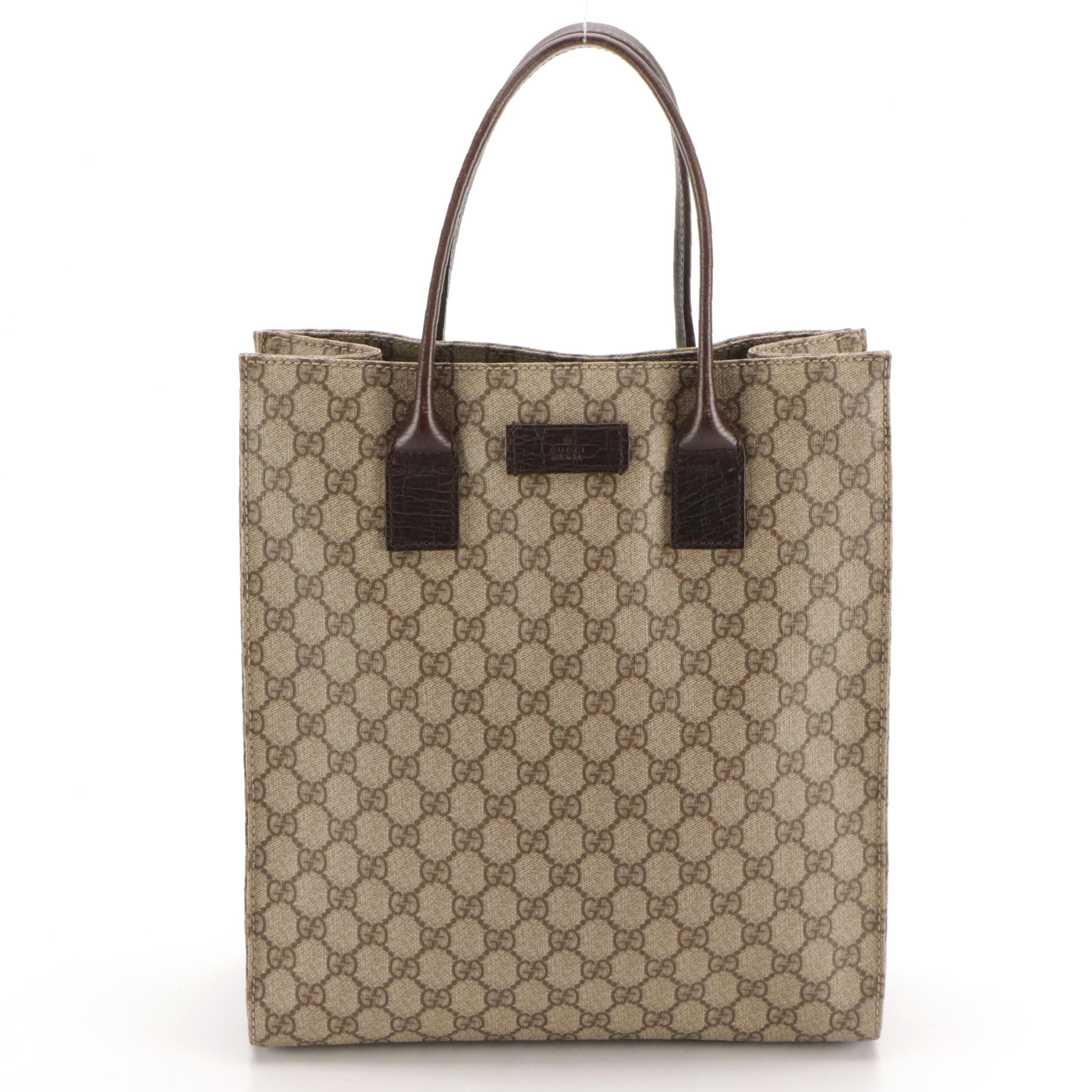 Gucci Joy GG Supreme Canvas & Brown Cinghiale Leather Top Handle Vertical Tote