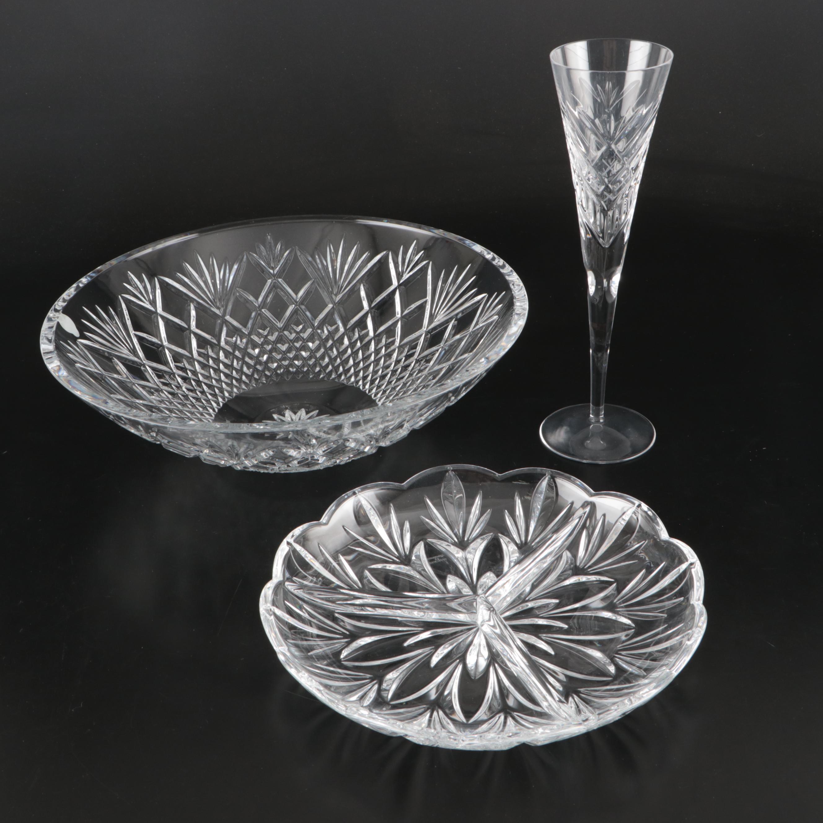Godinger Crystal Flutes with Waterford Crystal Bowl and Relish Dish