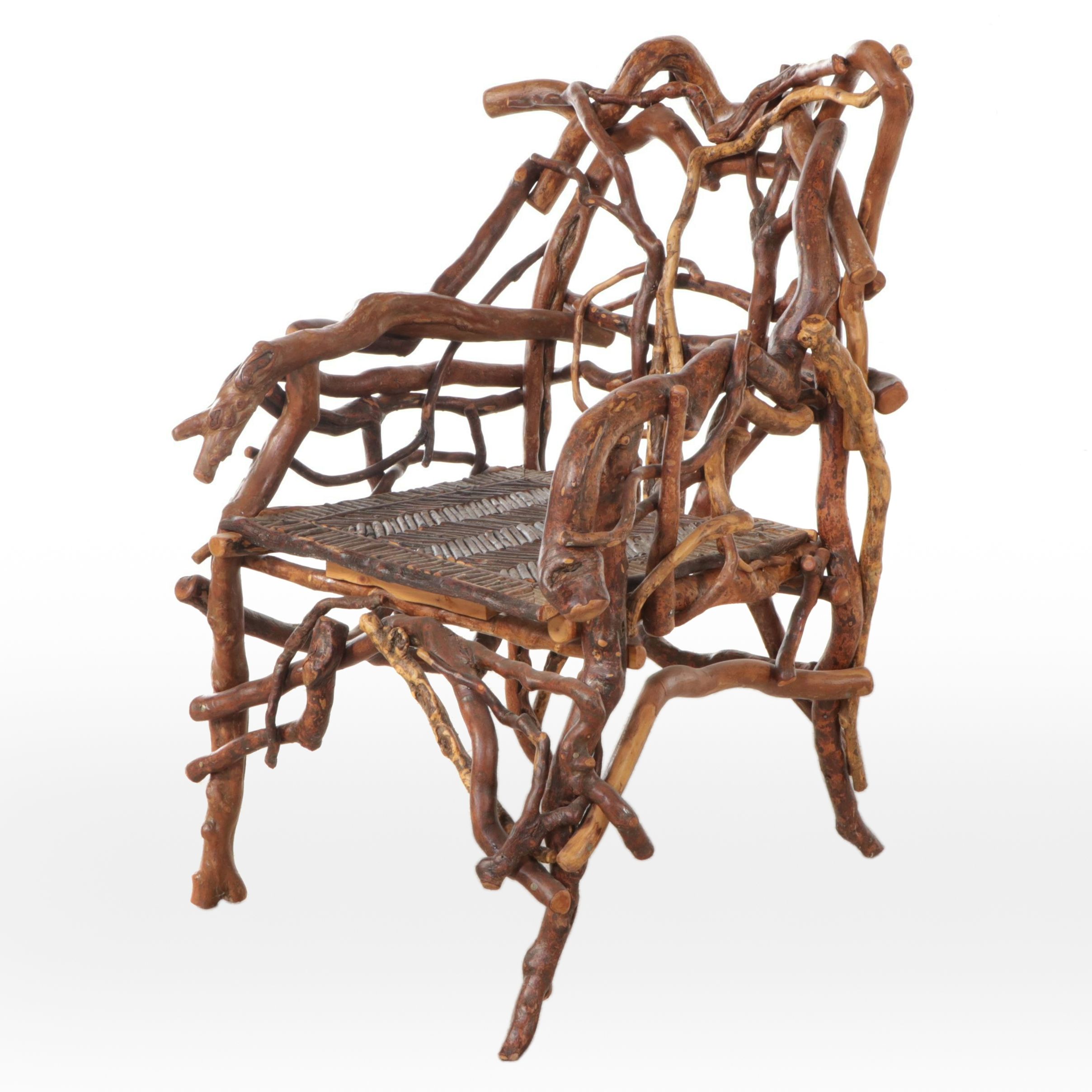 Robert Beaven Adirondack Style Handcrafted Root Wood Armchair
