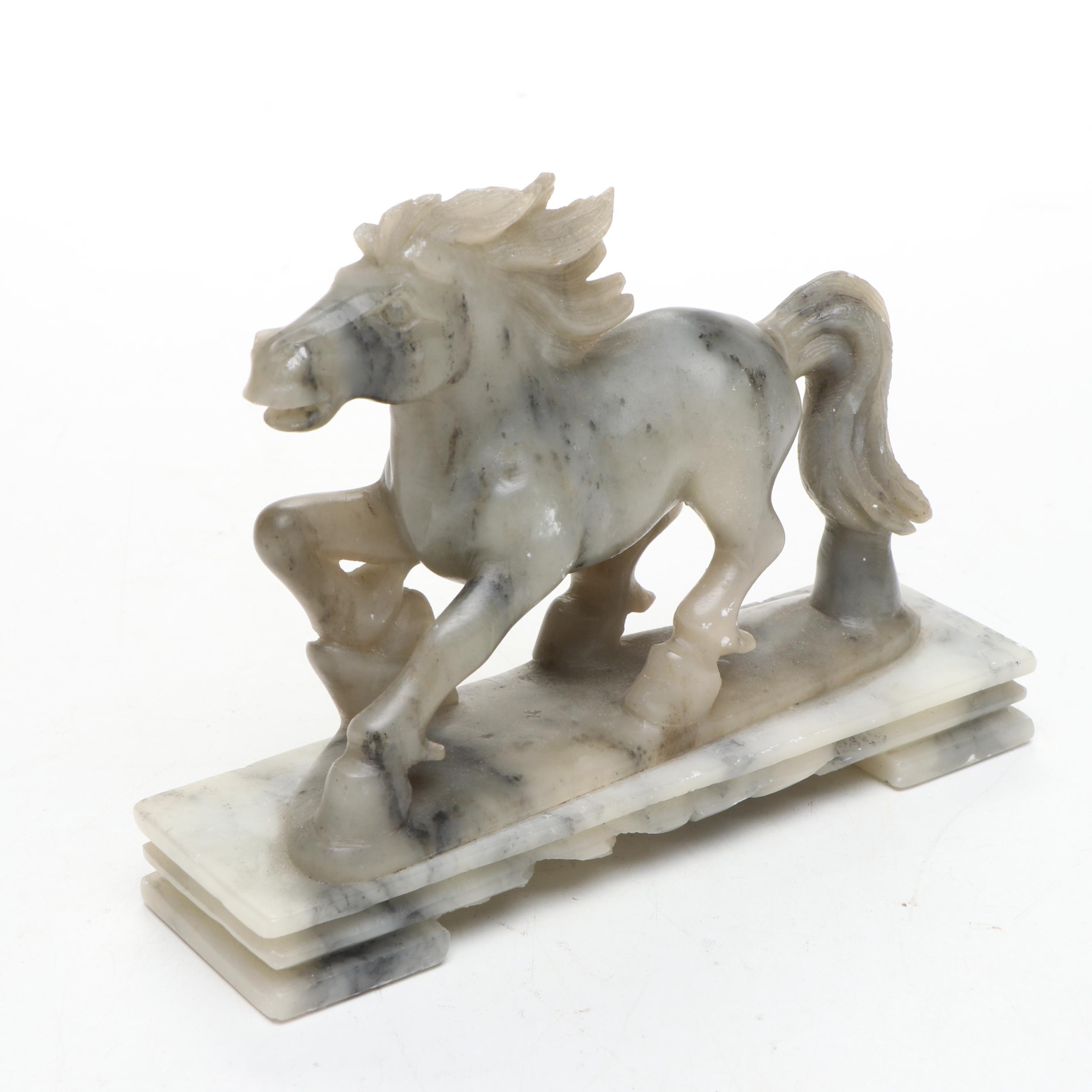 Carved Soapstone Horse with Japanese Banko Ware Carved Ceramic Bud Vase