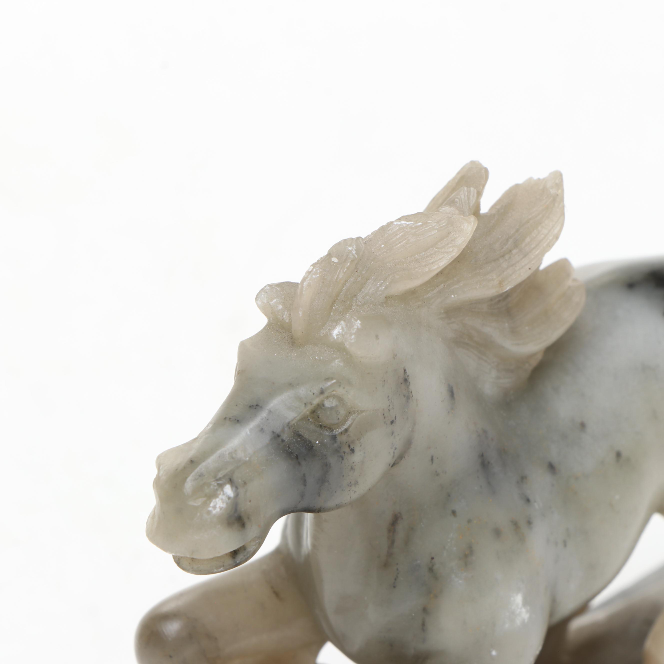 Carved Soapstone Horse with Japanese Banko Ware Carved Ceramic Bud Vase