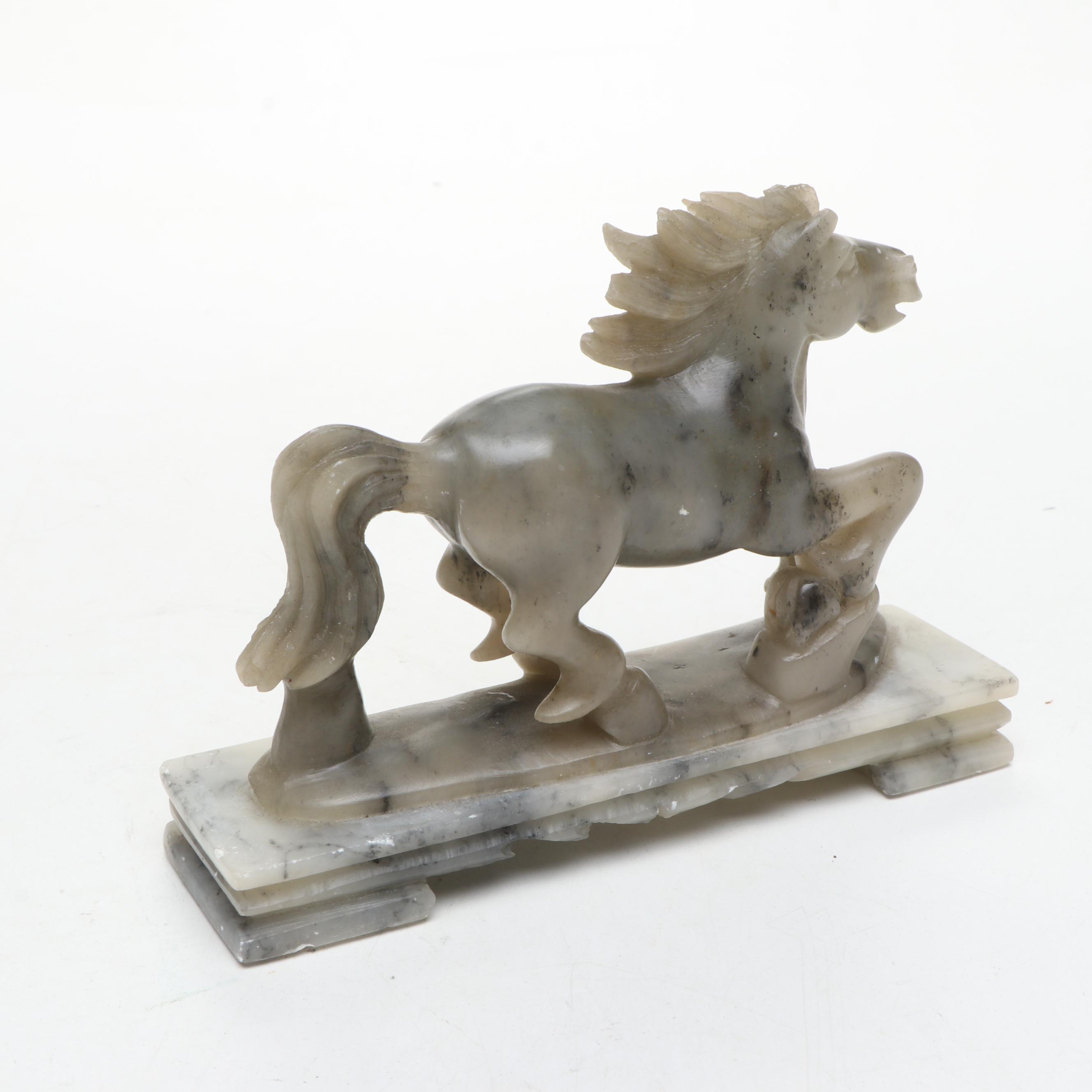 Carved Soapstone Horse with Japanese Banko Ware Carved Ceramic Bud Vase