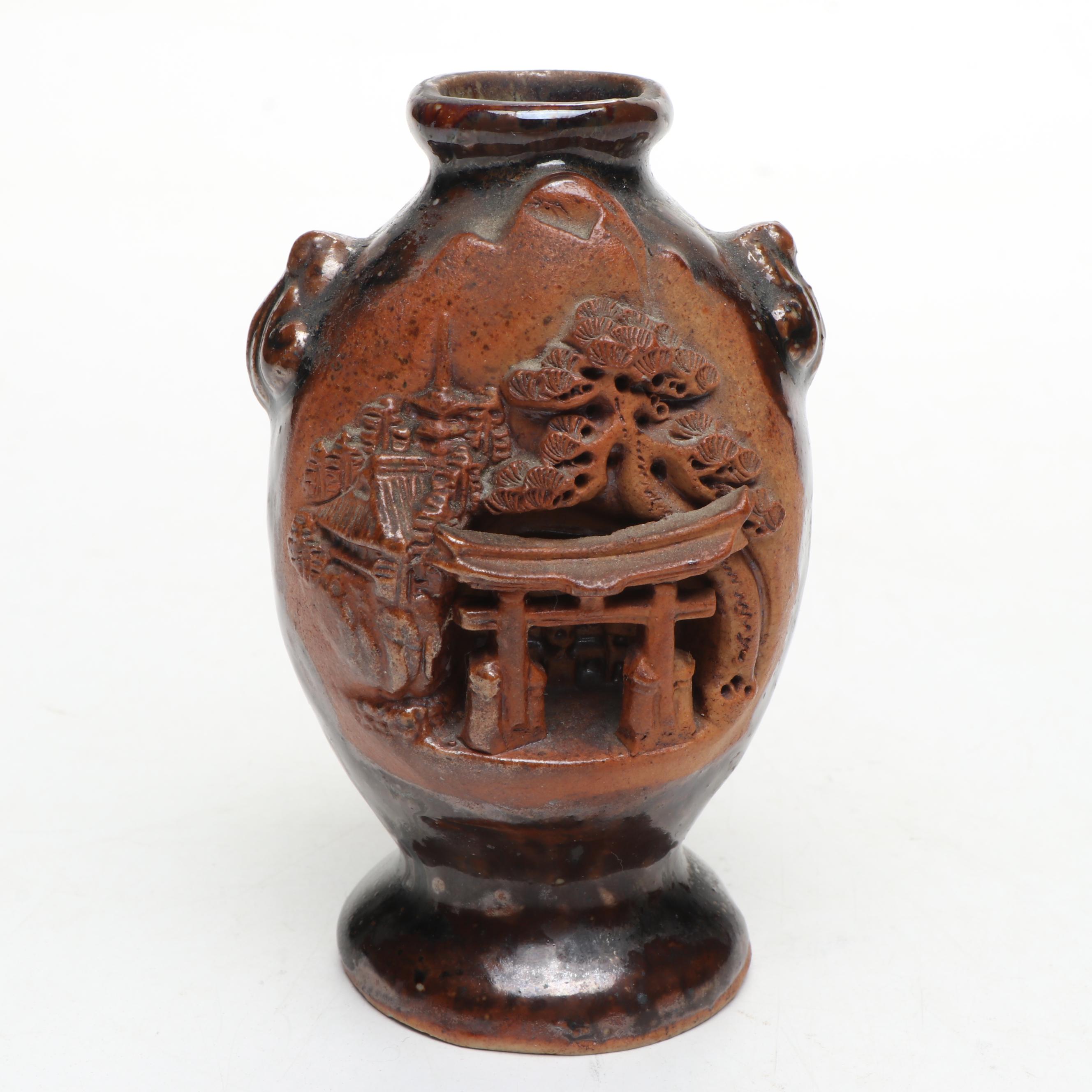 Carved Soapstone Horse with Japanese Banko Ware Carved Ceramic Bud Vase